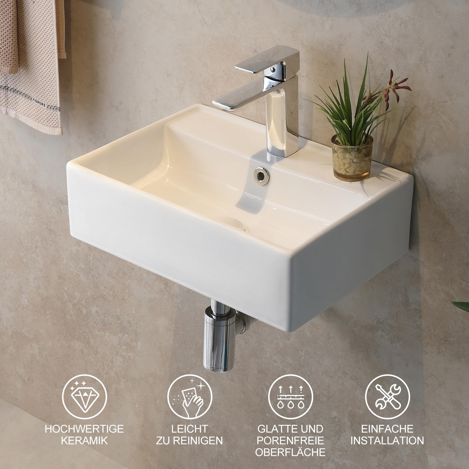 Waschbecken 45 cm Breit Eckig, Aufsatzwaschbecken mit Überlauf, Kleine Waschbecken Gäste WC, Hängewaschbecken Bad aus keramik in Weiß, Mini Waschtisch mit Rand