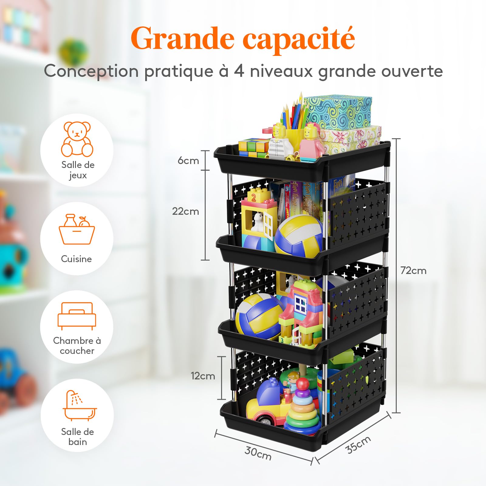 Lifewit Bacs de Rangement Empilables, Panier Coulissant en Plastique à Niveaux pour Dressing, Armoire, Cuisine, Rangement de Placard, 35 x 30 x 72 cm, Noir, 4 Niveaux