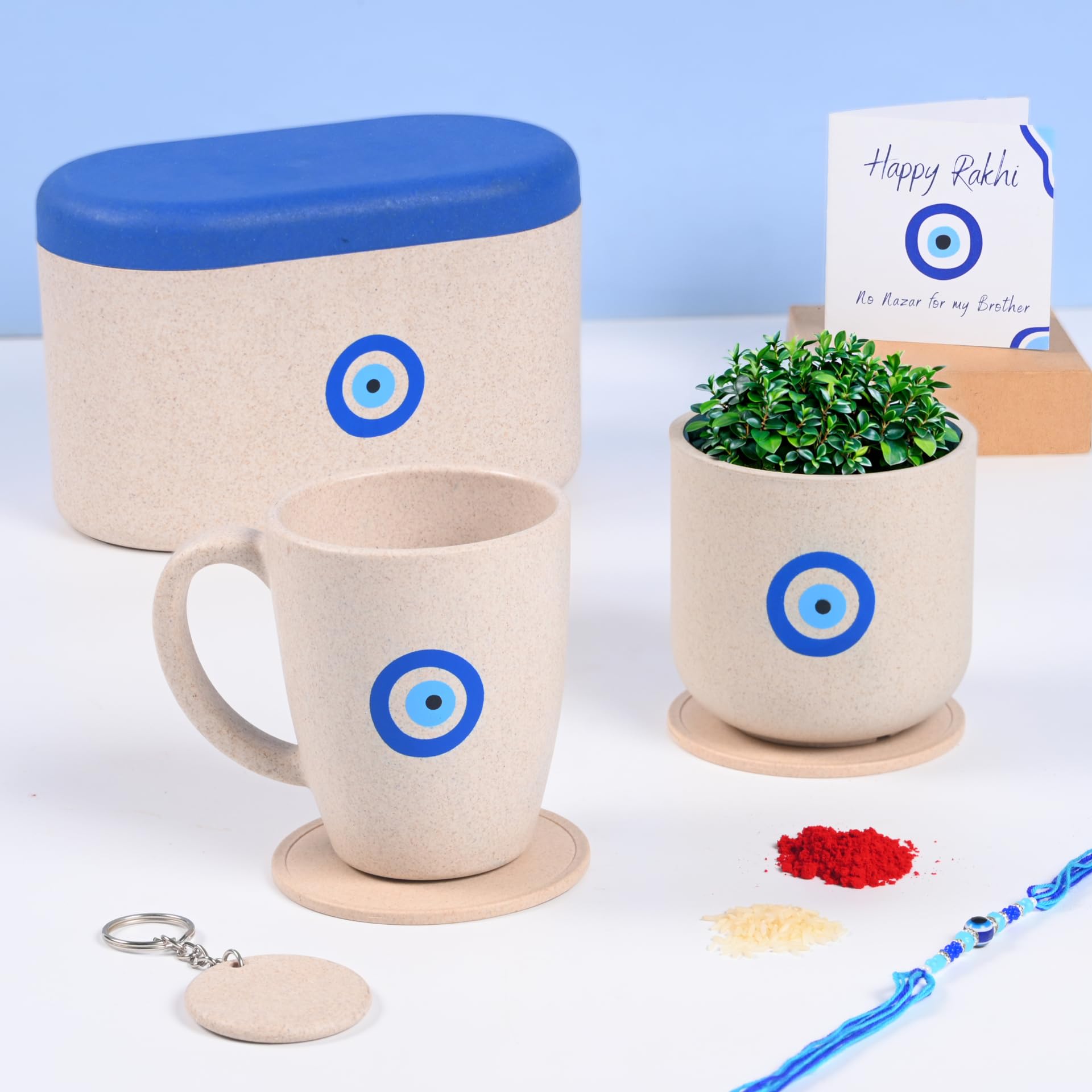 Eha Earth Friendly Rakhi Gift for Brother Made with Rice Husk | Set of 2 | Rakhi Set for Brother | Printed Mug & Evil Eye Rakhi Hamper | Gift for Rakshabandhan discount deal