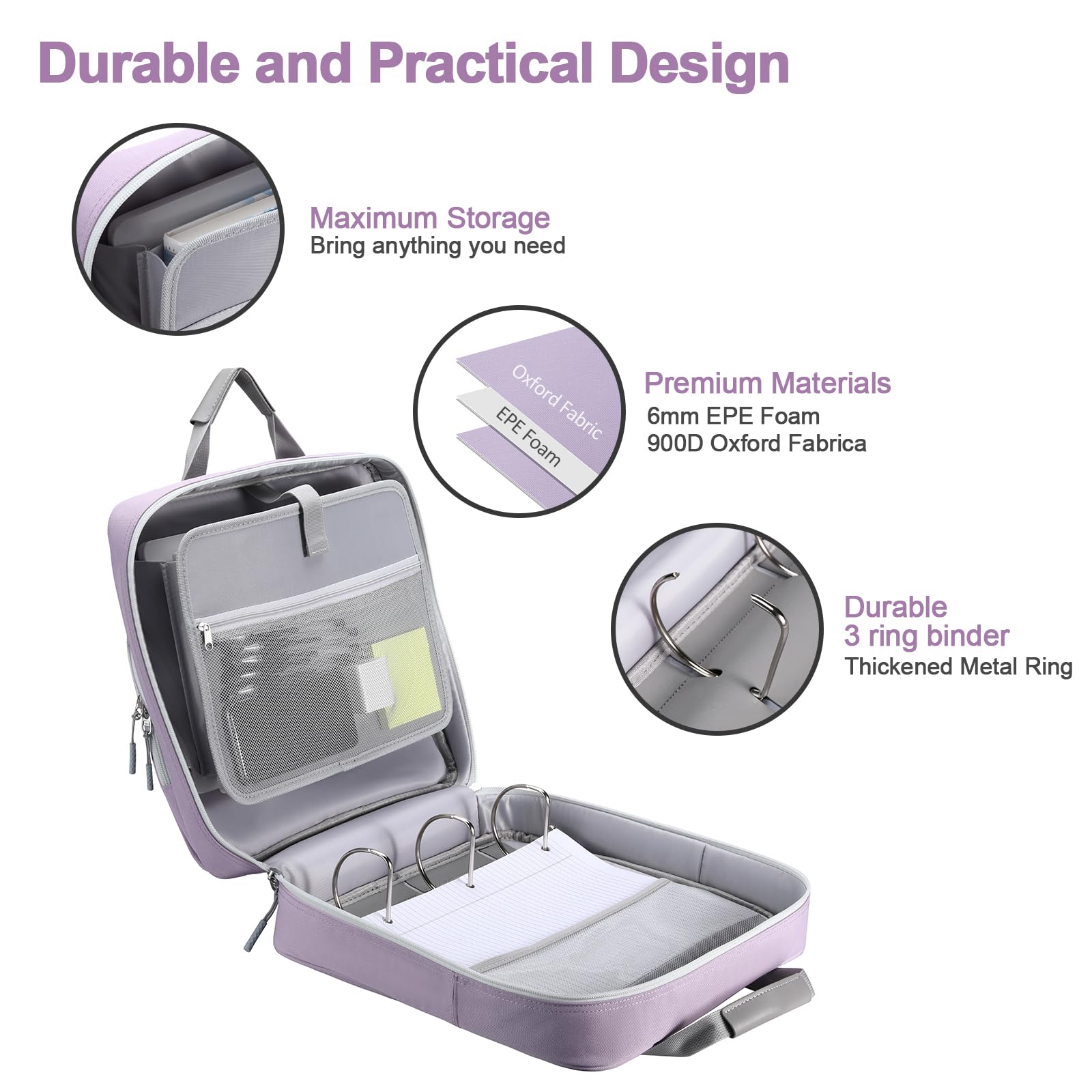 Raccoglitore con cerniera a D da 10,2 cm, con cinghia, capacità 800 fogli, organizer multitasche per scuola e ufficio, compatibile con MacBook da 13 pollici (design brevettato, viola)