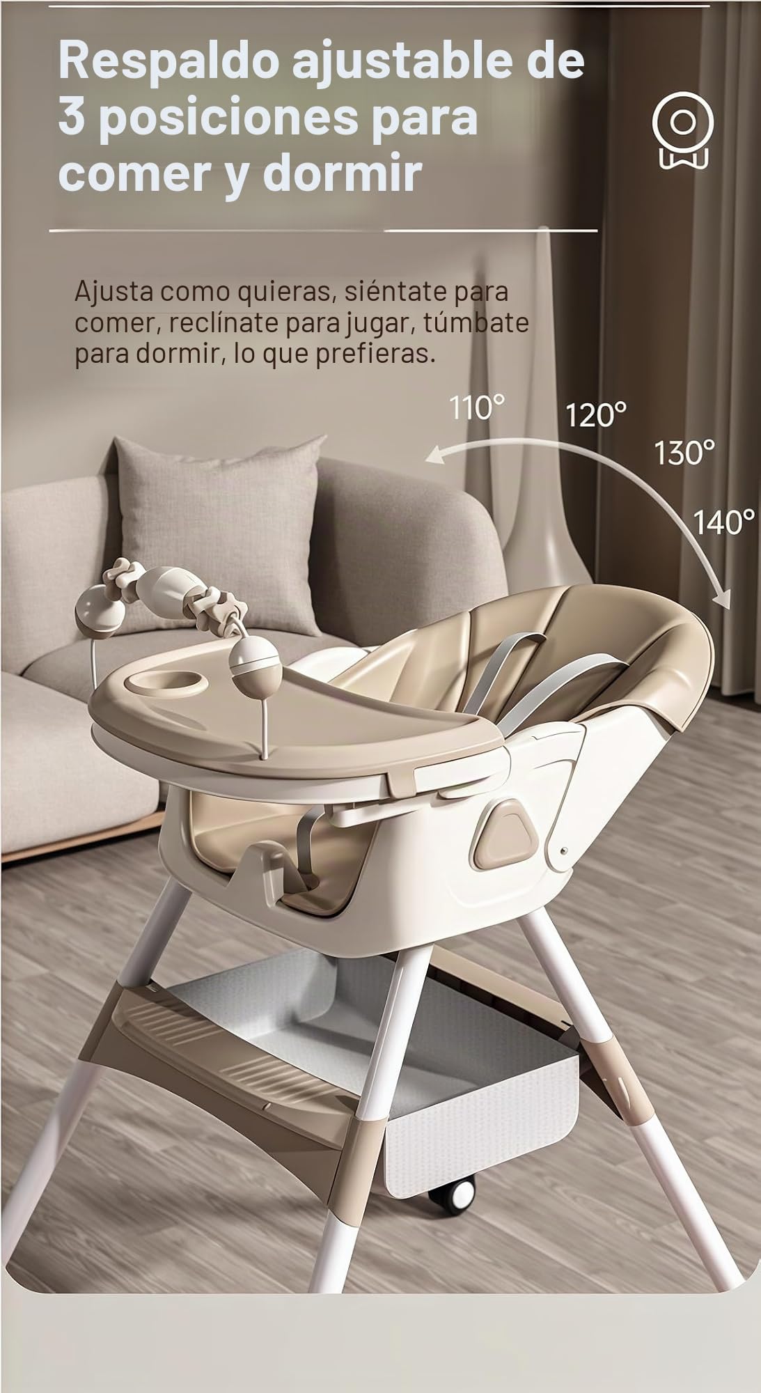 Plegable Cuero PU Tronas de Bebe con Función de Caballo Balancín, Altura Ajustable y 4 Posiciones Reclinables, Silla de Alimentación Convertible con Bandejas y Ruedas Desmontables (Gris)