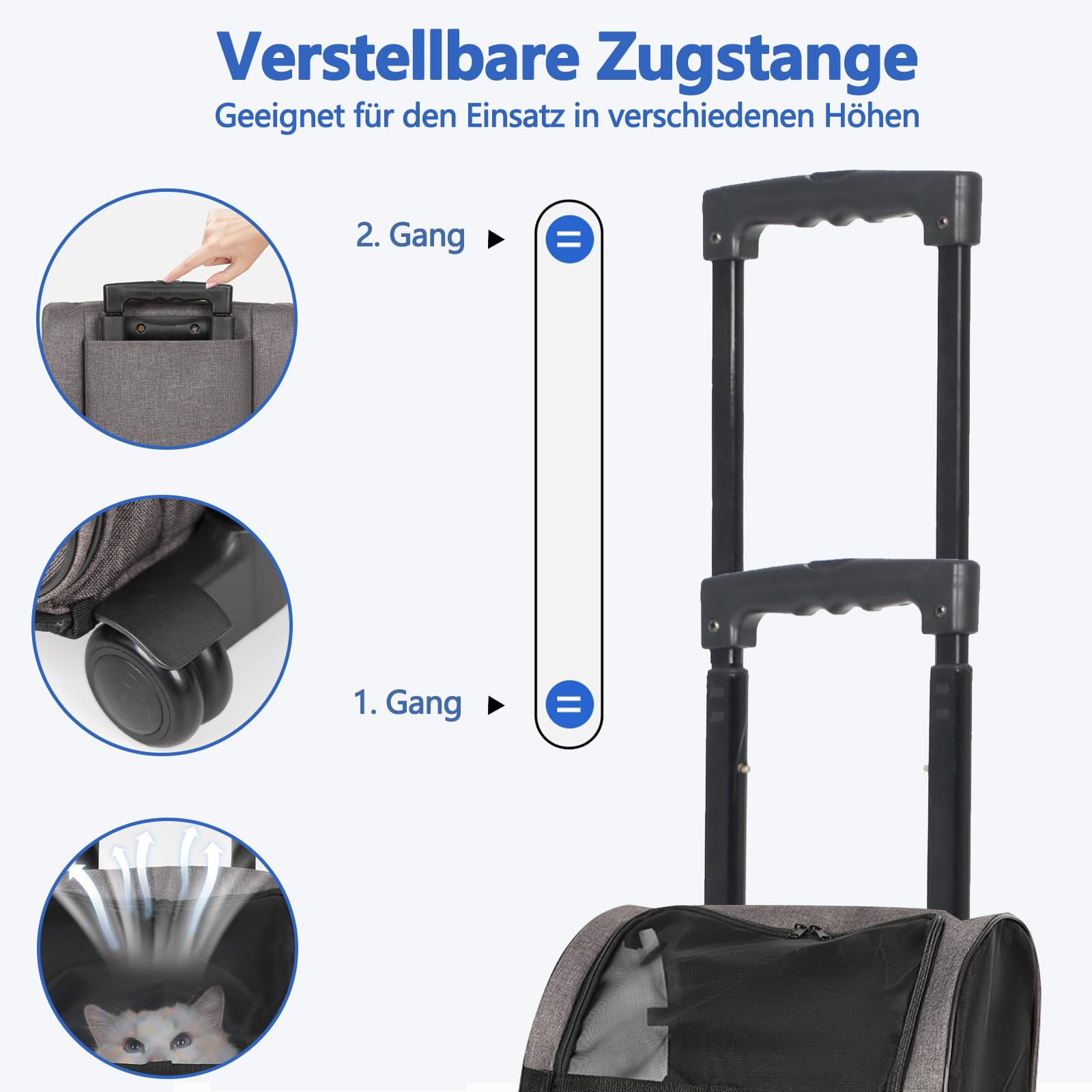 Galatée Reise-Rolltasche Für Haustiere, Oxford-Gewebe, Verstärkte Aluminium-Zugstange, Atmungsaktiv, Keine Montage Erforderlich, Faltbar Und Leicht Zu Verstauen, Geeignet Für Hunde Und Katzen (Grau)