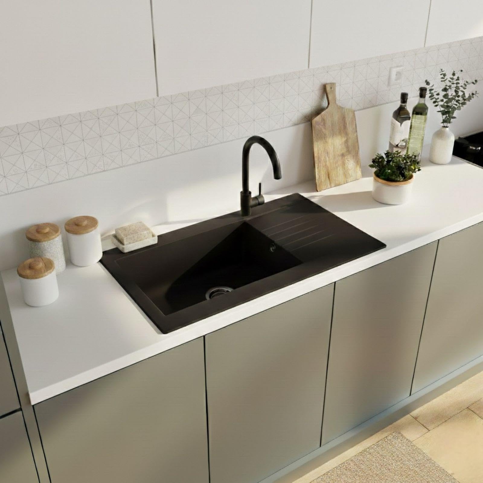 LD1BL – Fregadero de cocina 1 seno XL con escurridor reversible – Composite negro – Empotrable – 86 x 50 x 20 cm