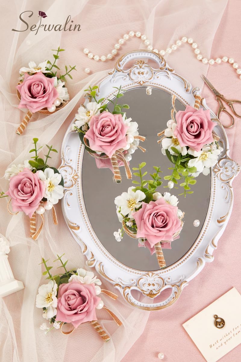 Serwalin 6PCS Pink Rose Boutonniere for Men Wedding Groom Groomsmen Best Man Boutonniere for Wedding Ceremony Anniversary Prom Flowers Formal Dinner Party