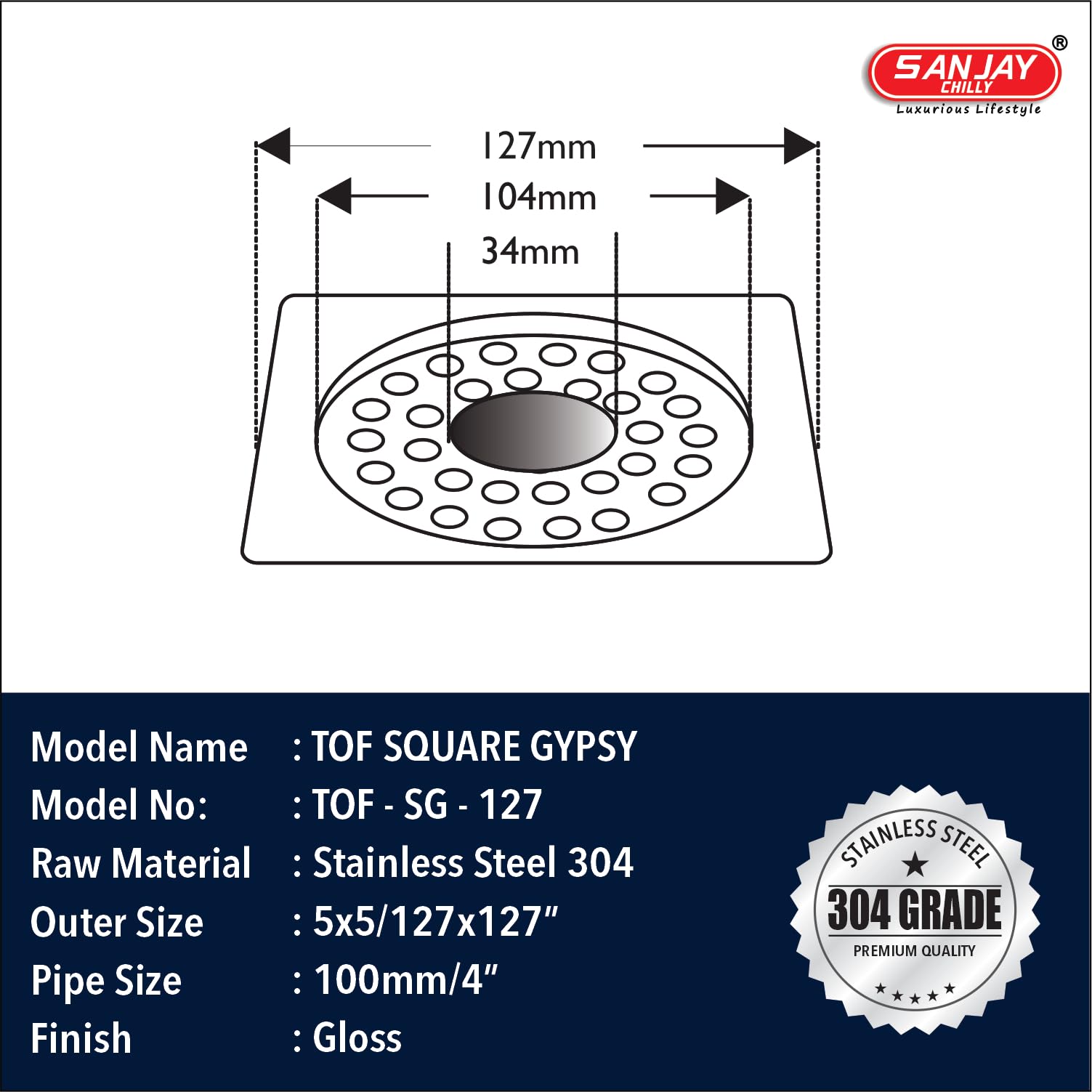 Sanjay Chilly SS Floor Drain with Pipe Hole for Bathroom Grating 304 Grade | Kitchen Sink Drain Cover Jali Washbasin Bathtub Laundry Balcony Waste Water Drainer (Square Gypsy 5 x 5 INCH) 2