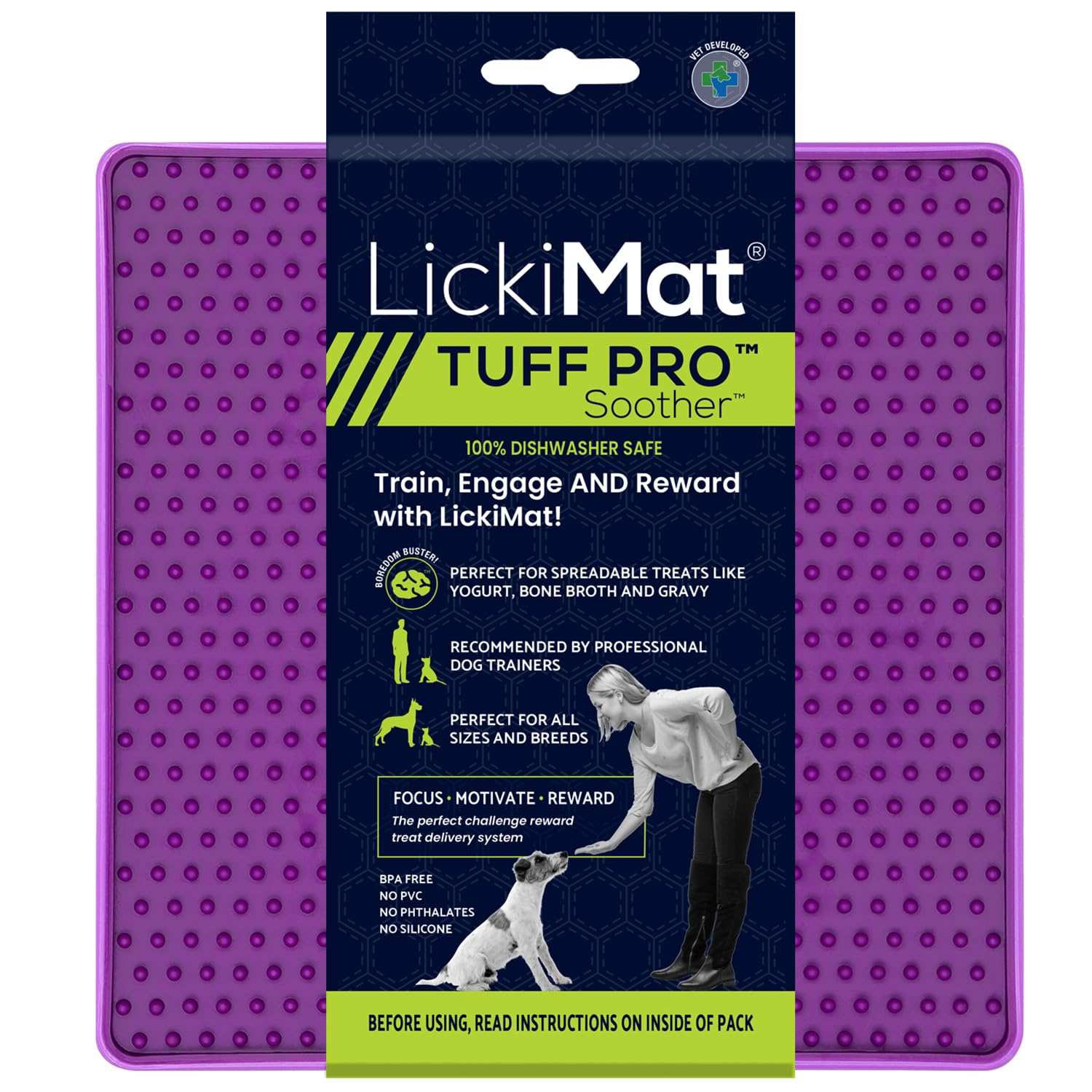 LickiMat PRO Tuff Fopspeen voor honden, Heavy Duty hondenlikmat, rustiger, alternatief voor puzzelspeelgoed en langzame voederkommen. Perfect voor pindakaas, yoghurt, gezonde lekkernijen en afleiding. - Paars