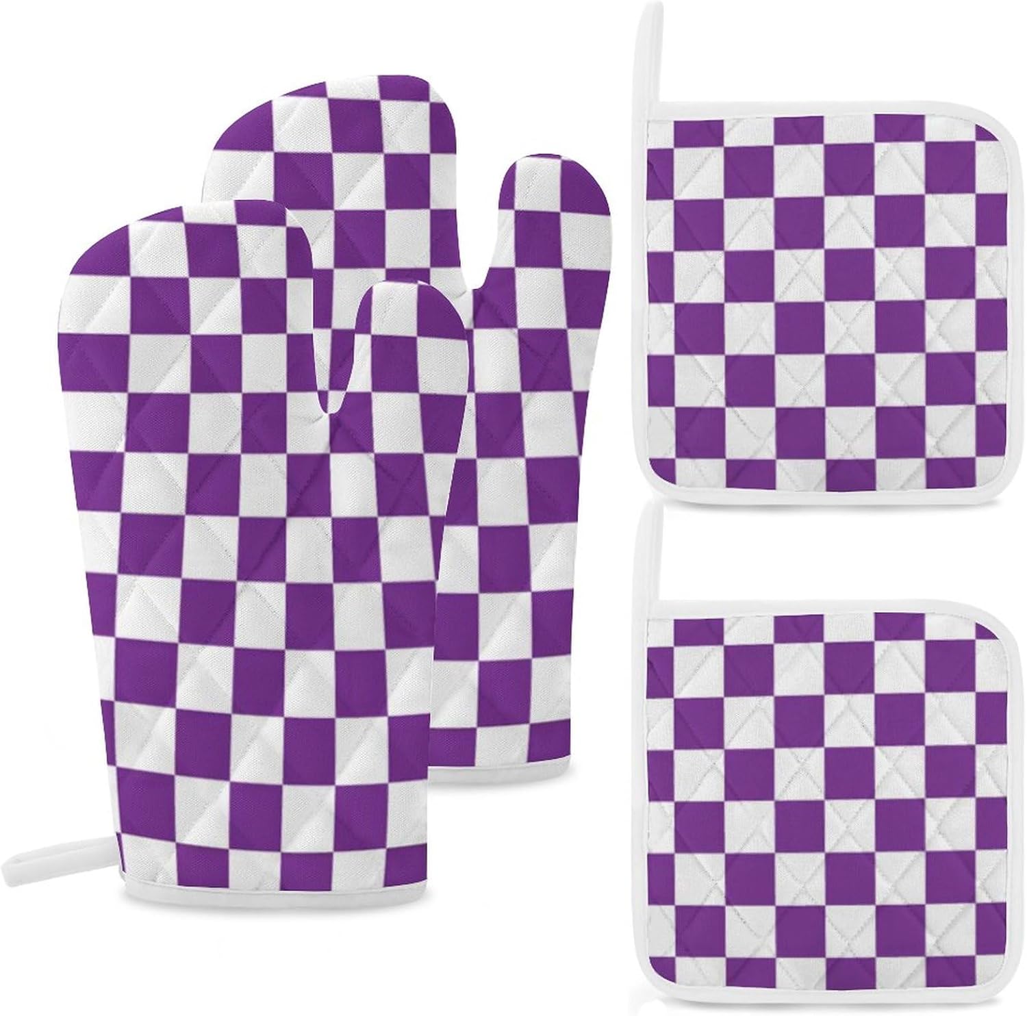 4Pcs Oven Mitts and Pot Holders, Purple Checks Heat