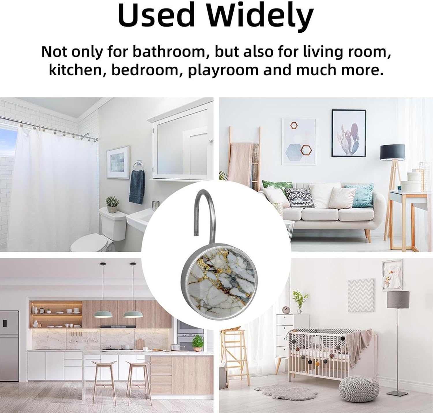12PCS White Gold Marble White (1) Shower Curtain Hooks Rings for Bathroom, Decorative Shower Curtain Hooks Rods Curtains and Liner