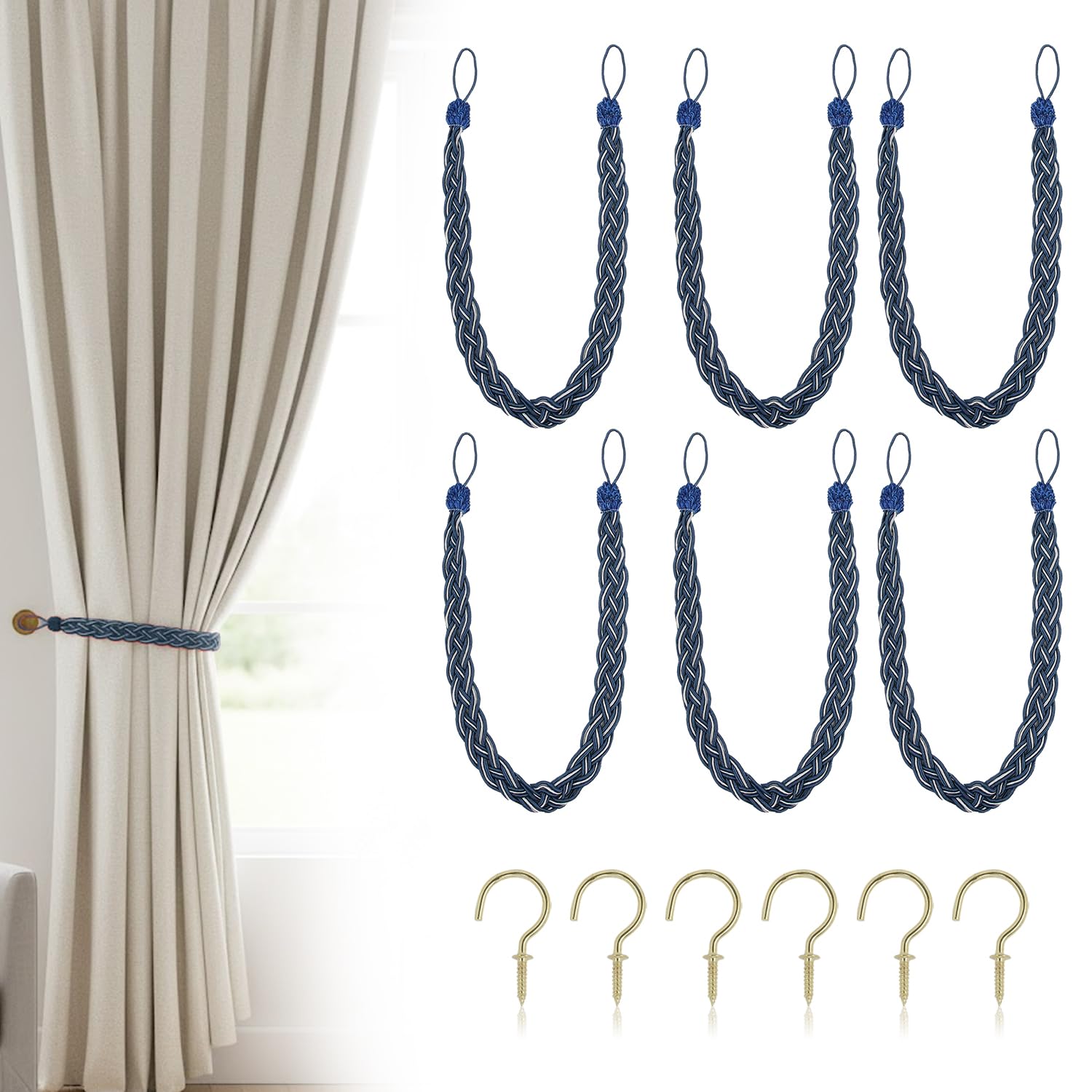 Uxney Blue Curtain Tiebacks, 6 Pack Hand Braided Rope Curtain Holdbacks with Metal Hooks – Heavy Duty Blue Tie Backs for Drapes, Window Treatment Decorative Holdbacks for Living Room