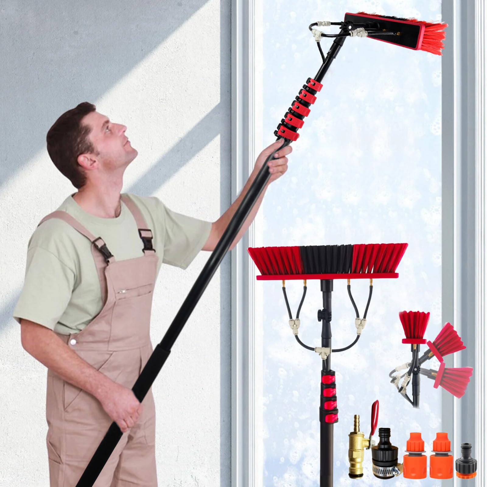 Kit con testa rotante a 180°, con palo alimentato ad acqua, leggero ed estensibile per la pulizia di tetti, camper, pannelli solari e nings – Soluzione detergente definitiva!