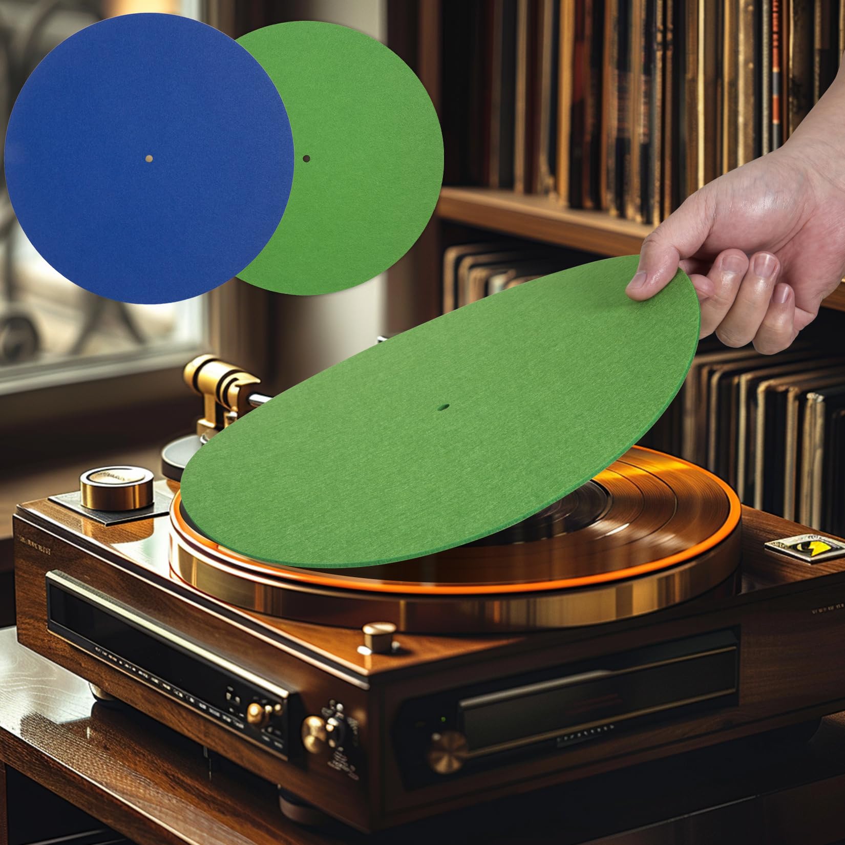 2 alfombrillas de fieltro de lana para tocadiscos de 12 pulgadas, antiestático, almohadilla protectora para tocadiscos fonógrafo, mejora el rendimiento de audio (verde y azul marino)