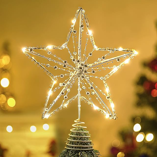Lewondr Christmas Star Tree Topper, 11.8 Inch Lighted Tree Topper with Beads and LED Lights, Battery Operated Large Treetop Star for Christmas Tree Xmas Holiday Party, Timer Function, Silver