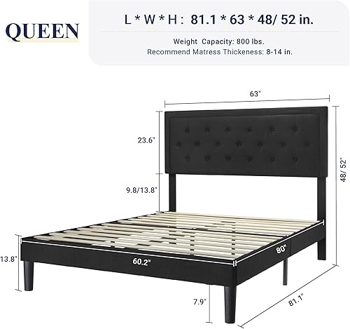 Miniatura 28 de Allewie - Base de cama copetuda, tamaño Matrimonial, con plataforma, tapizado de tela, con botones y cabecera ajustable, soporte con rejilla de Gris