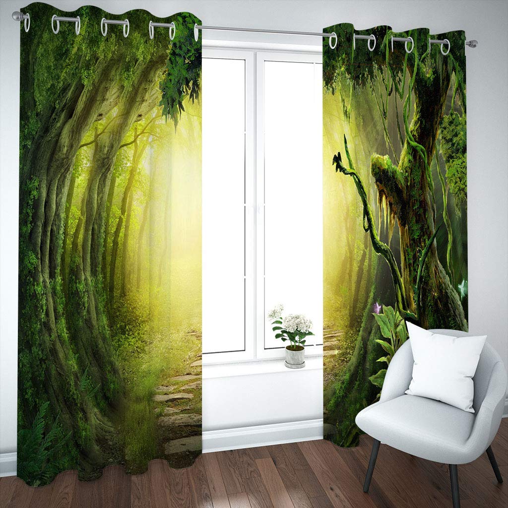 Cortinas Niño Niña Habitacion Opacas Con Ojales 2 Piezas 3D Sendero Del Bosque Verde Patrón 264X214Cm（An X Al）Cortinas Termicas Aislantes Frio Y Calor Salón Dormitorio Ventana Decoración Hogar