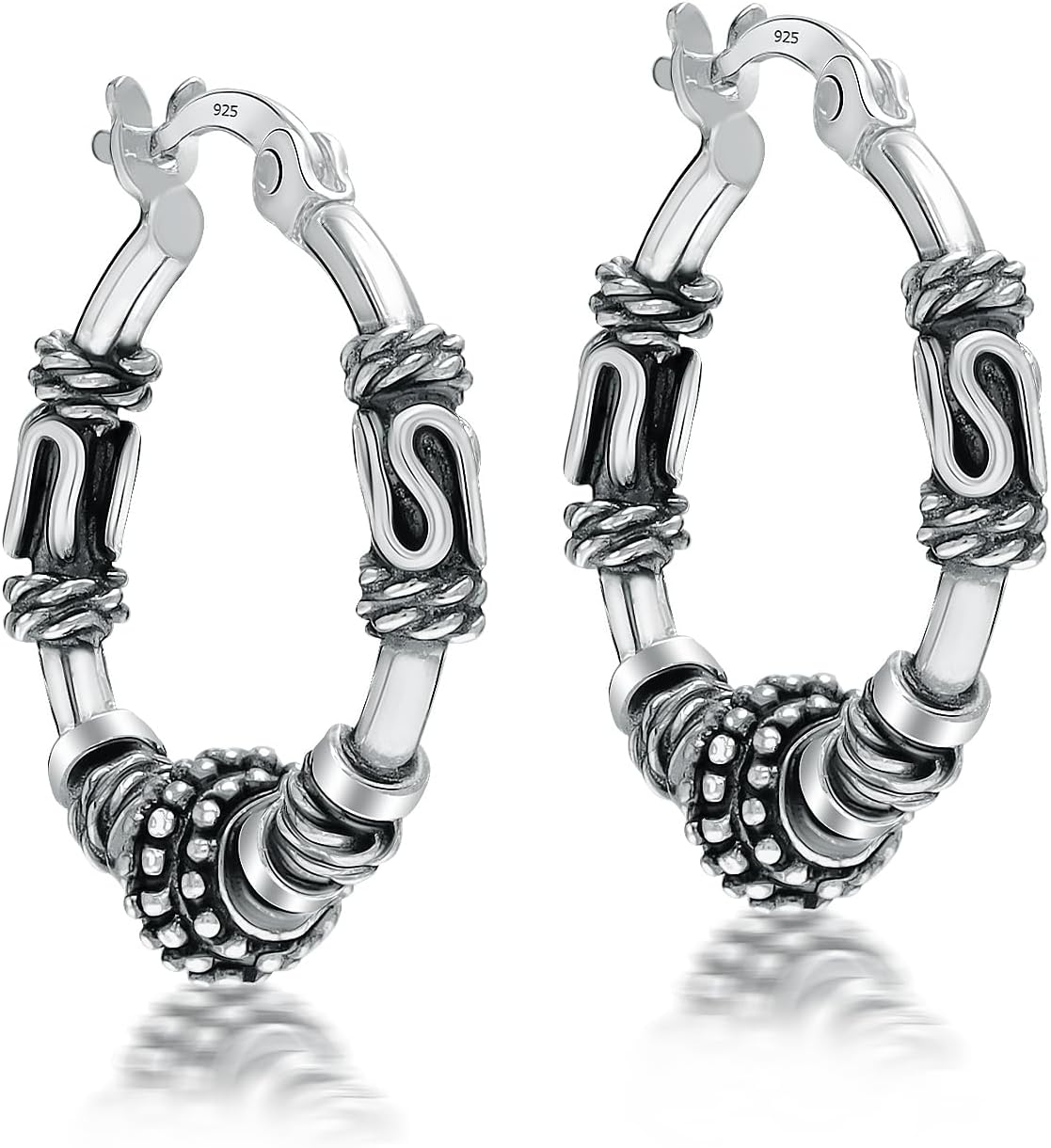 Charmsy 925 Sterling Silver Balinese Beaded Hoop Earrings for Women | Small Antique Vintage Balinese Art Inspired Boho Tribal Hoop Earring | Women's Round Shape Bali Hoops Earring