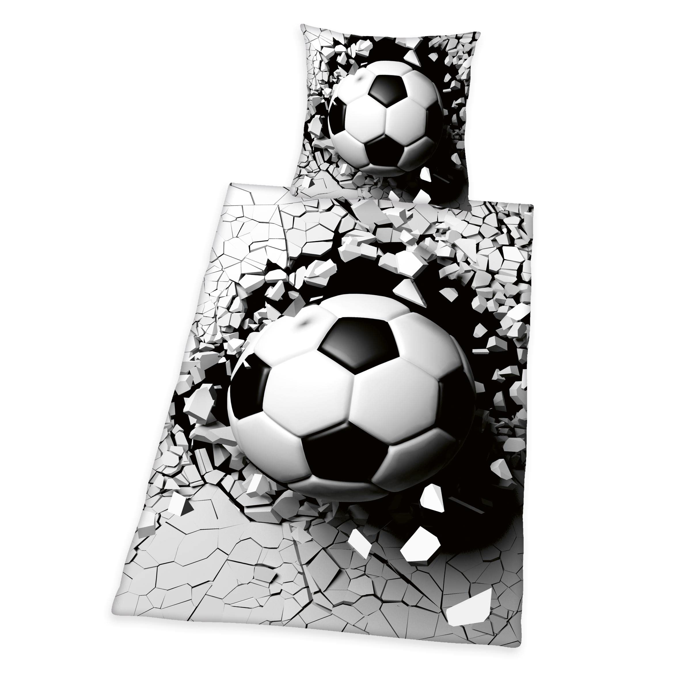 Herding 3D Effect Bed Linen Set, Football Pillowcase 80 x 80 cm, Duvet Cover 135 x 200 cm, Smooth-Running Zip, 100% Cotton/Renforcé, Grey/White
