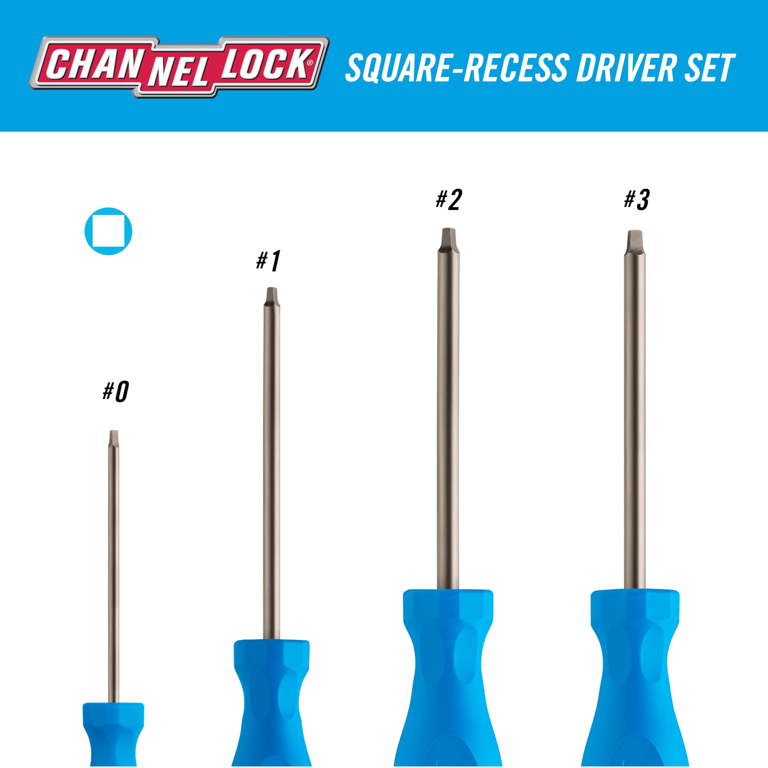CHANNELLOCK SQ-4H 4 Piece Square Recess Screwdriver Set, Magnetic Tip, Made in USA, Molded Tri-Lobe Grip