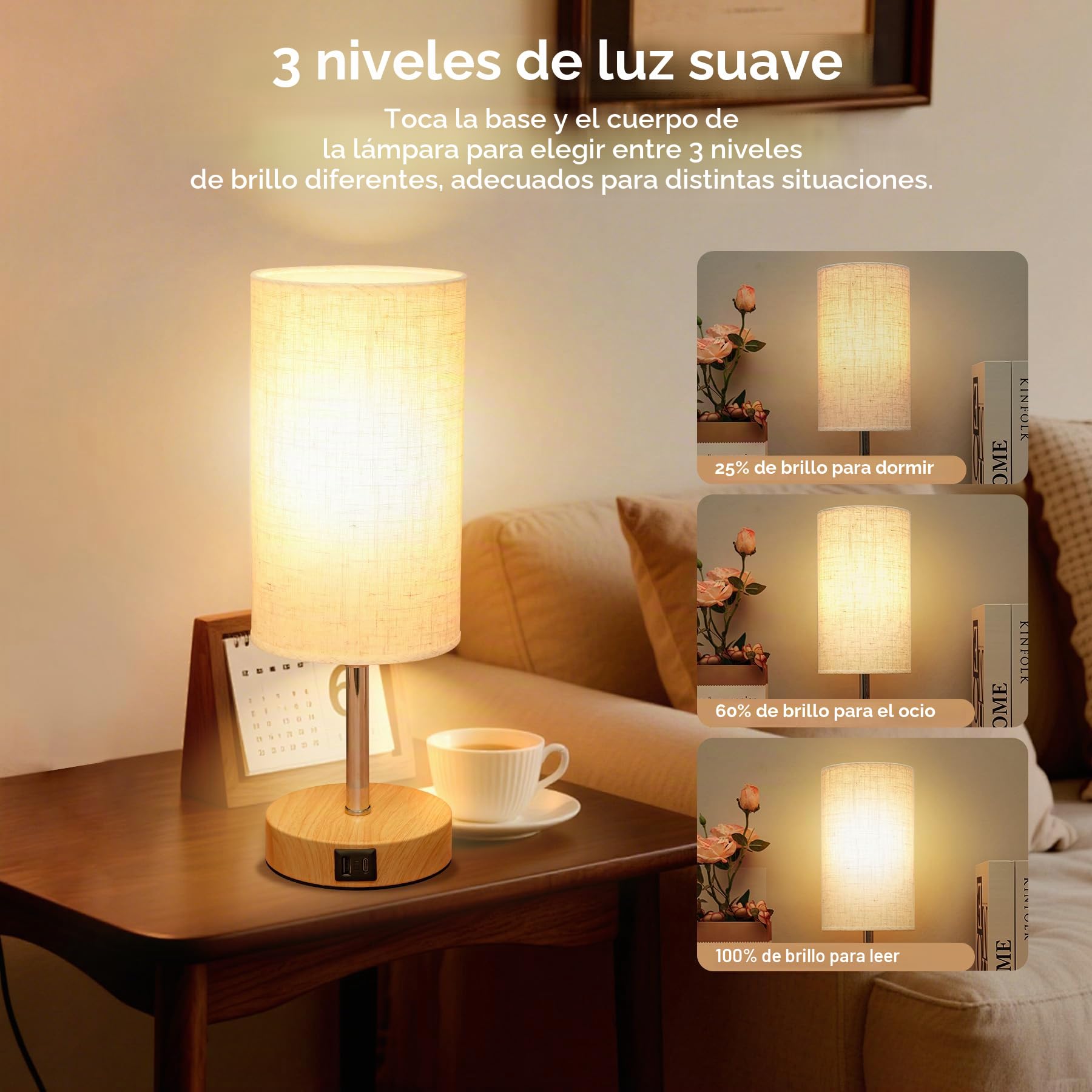 Görvitor Lámpara de noche táctil regulable, juego de 2 unidades, con puertos de carga USB-A/C, pantalla de lino y 3 niveles de brillo, lámpara de noche con cable para dormitorio (bombilla de 9 W