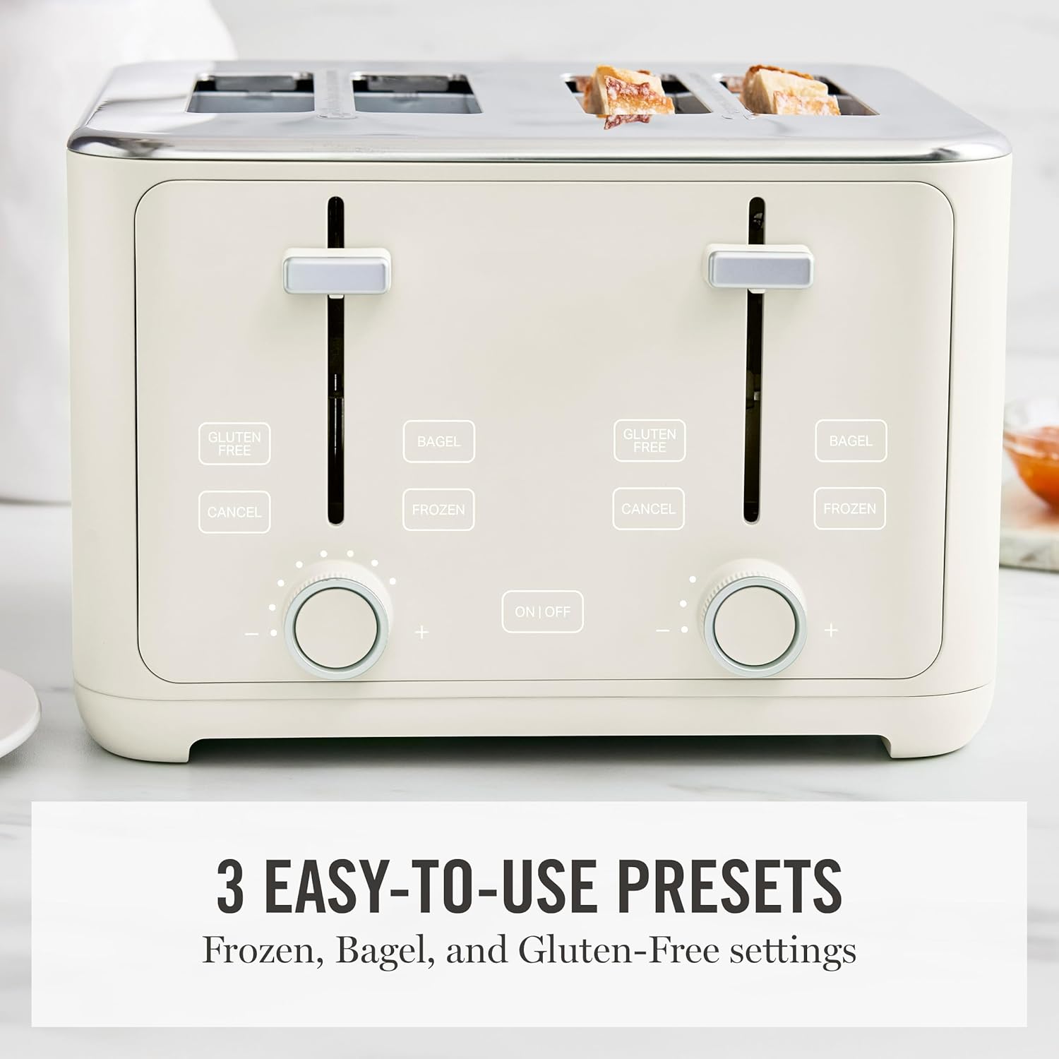 Martha Stewart 4 Slice Toaster, 10 Shade Settings with Defrost, Cancel, Bagel & Gluten-Free, Extra-Wide Self-Centering Slots for Waffles & Artisan Bread, Removable Crumb Tray, Cord Wrap, 1800W, Linen