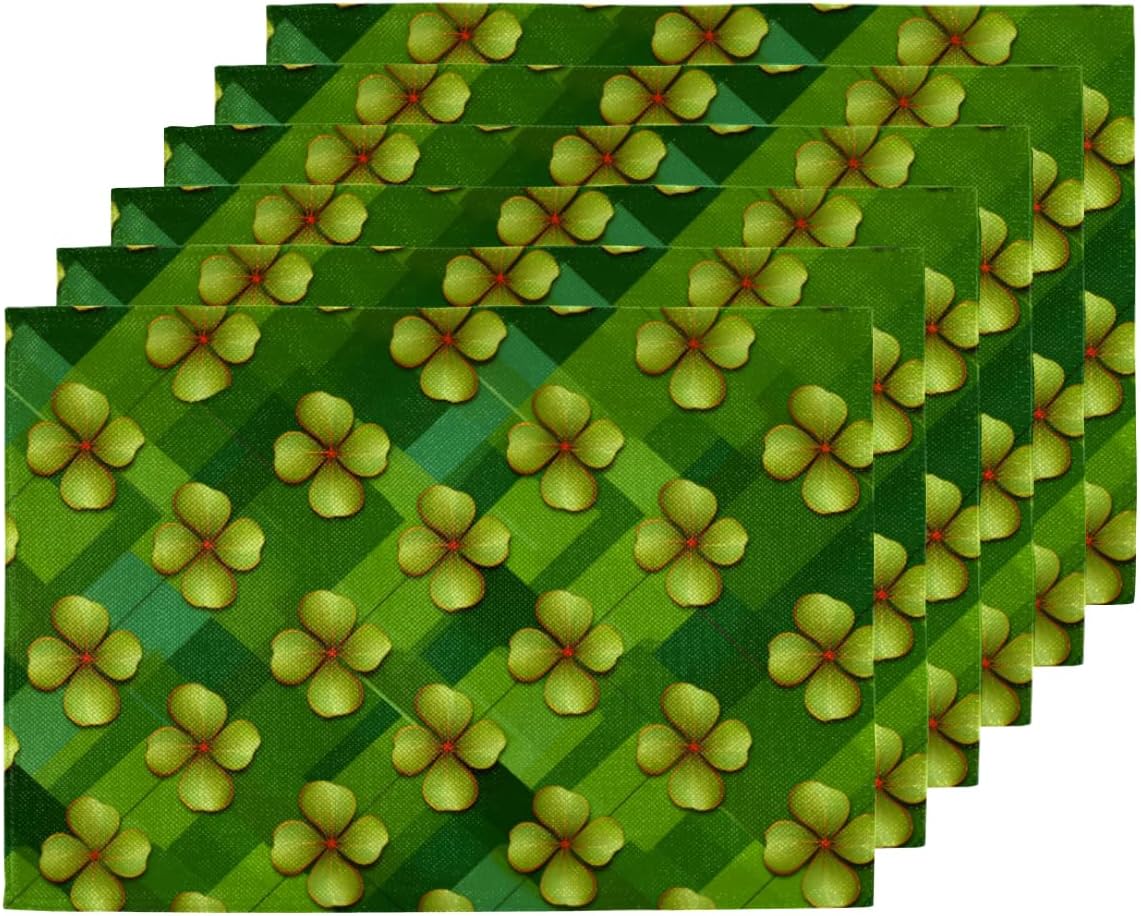 St. Patrick's Day Golden Clover Placemats Set of 6, Linen Polyester Fabric Placemats, Double Sided Placemats, Heat-Resistant Wipeable Table Place Mats for Kitchen Dining Table 12x18 in