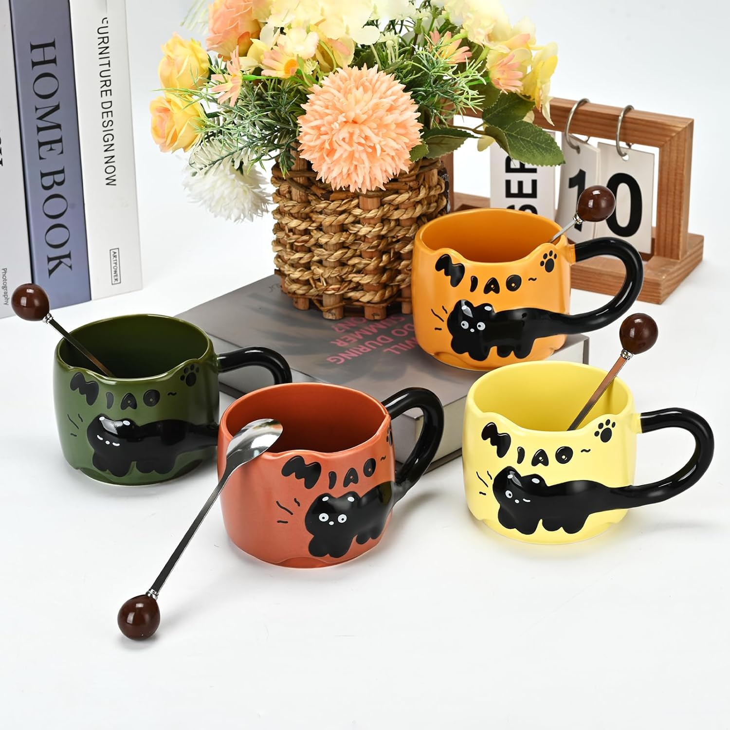 Naughty cat coffee Mugs,Cute funny Mug For Women, 380ml Unique Ceramic Coffee Tea Cups, Office Mug Gift 12.85oz/380ml (Sunset Orange) - Image 5