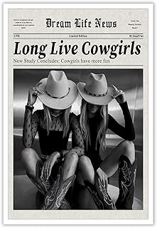 Vintage Coastal Cowgirl Canvas Wall Art Decor Newspaper Print Trendy Western Poster Long Live Cowgirls Art Black And White Decorative For Living Room Bedroom Bar And Party Decor 8x12in Unframed