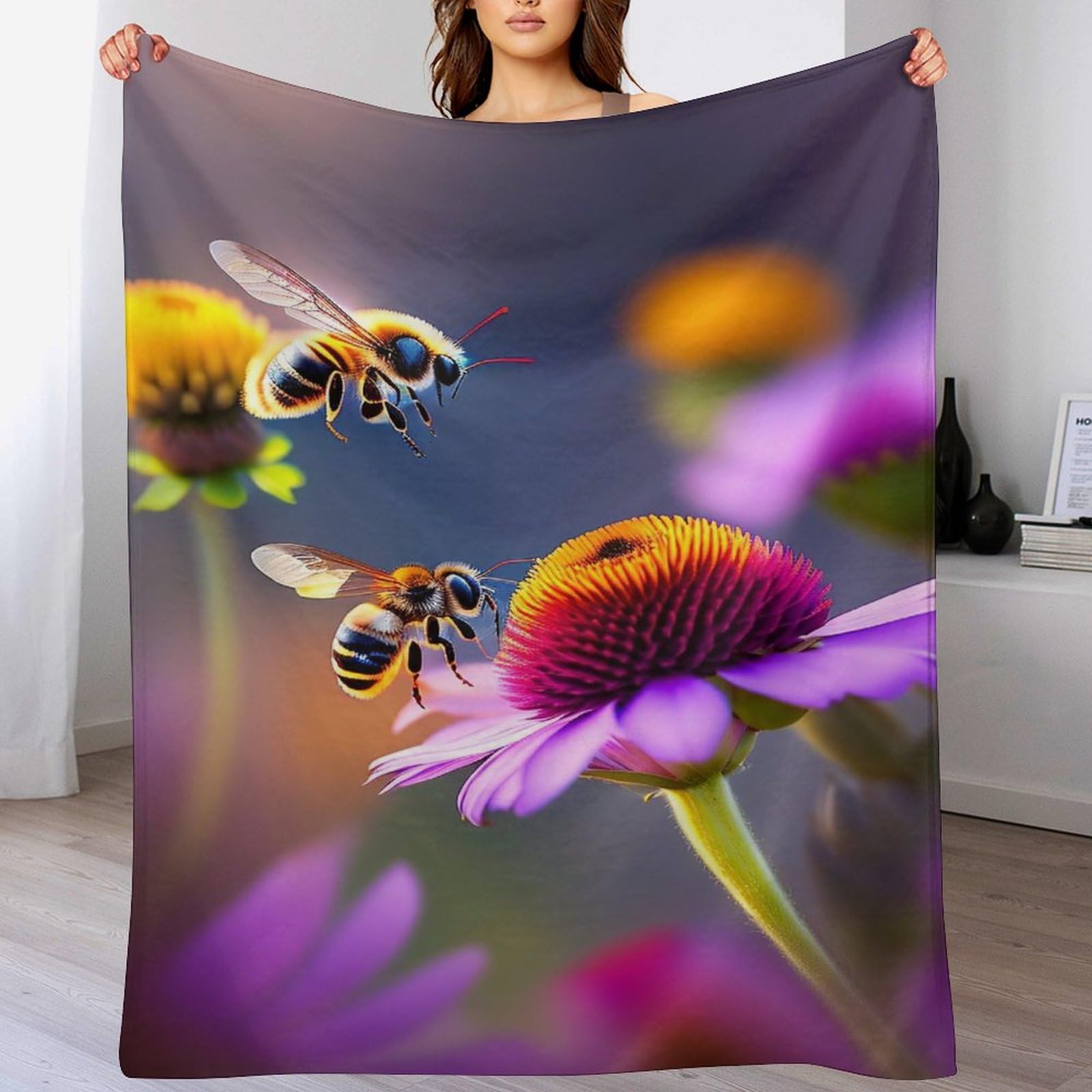 Couverture polaire abeille en flanelle douce | Plaid léger pour canapé 100x130