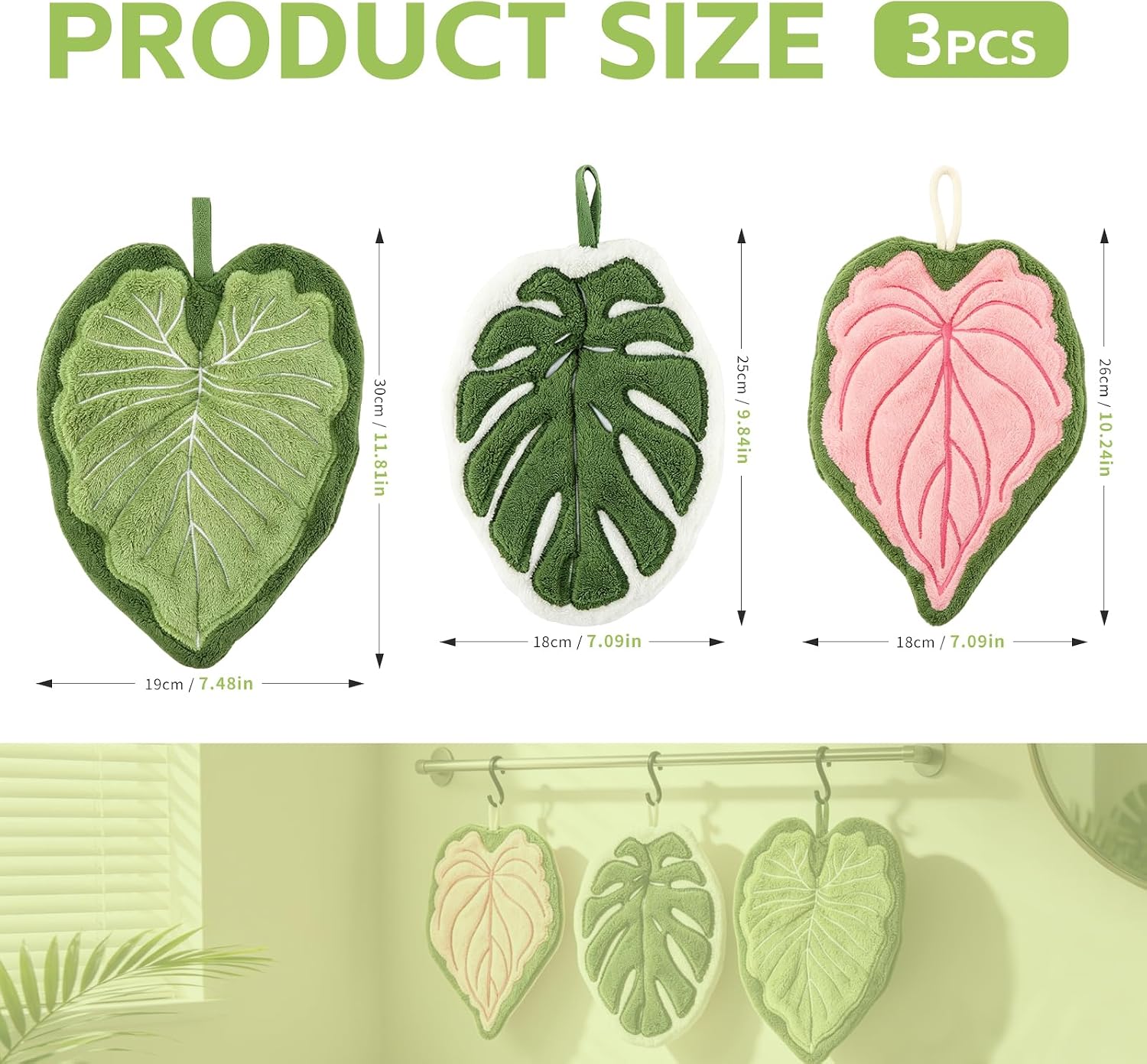 3 Pack Leaf Shaped Hand Towels, Cute Coral Fleece Hand Towels with S Hanging Loop, Soft Absorbent and Fast Drying Hanging Towels for Kitchen Bathroom Sink