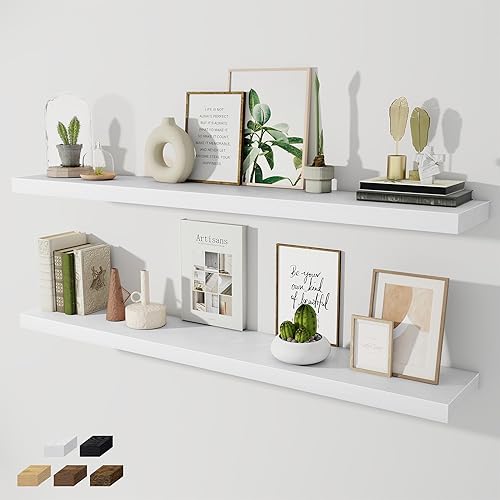 Miniatura 32 de Estantes flotantes para pared, juego de 2 estantes flotantes de 28 pulgadas, estante de madera rústica montado en la pared para baño, sala de estar,