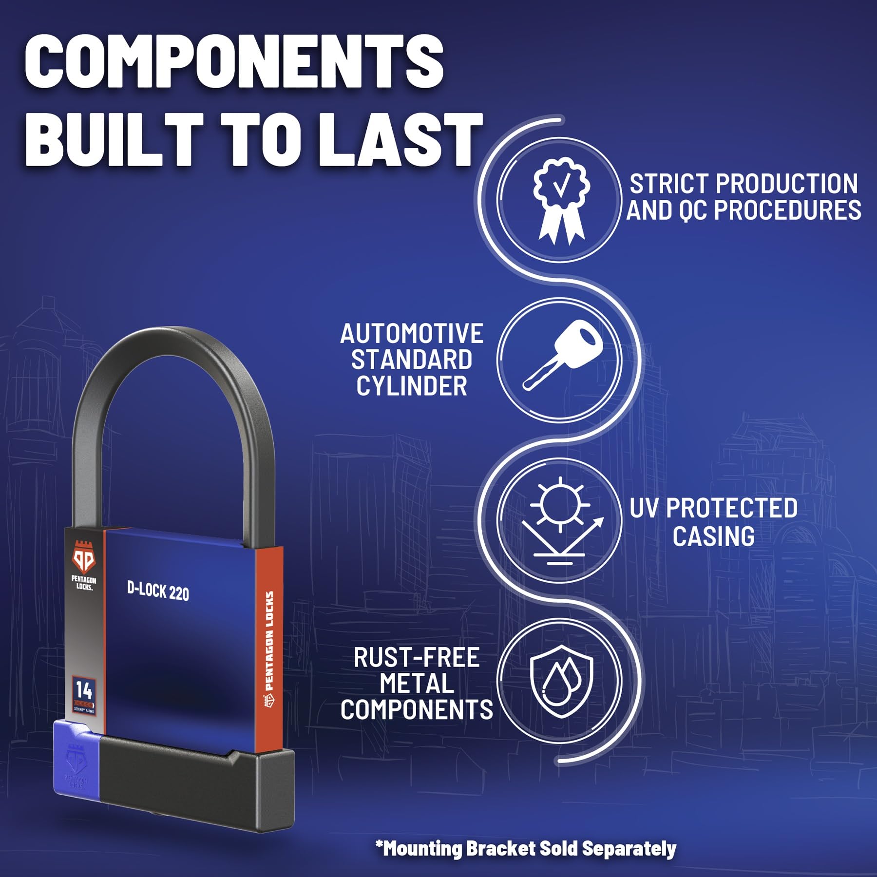 PENTAGON Bike U Lock - Candado antirrobo patentado para bicicleta, ultra ligero, se vende seguro, dorado, con llaves para bicicletas, bicicletas eléctricas y scooters (4.72/8.66 pulgadas)