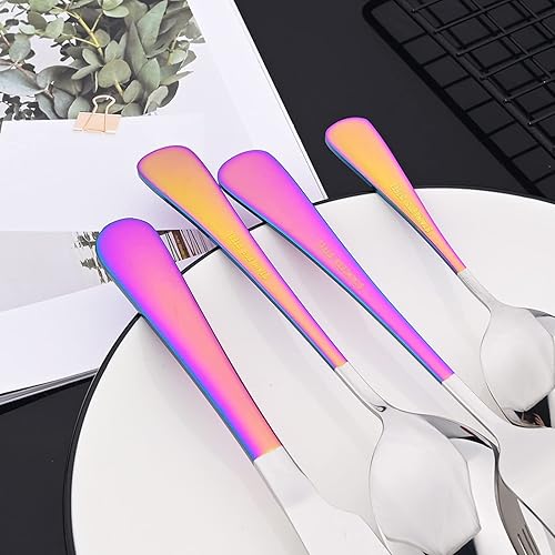 Miniatura 5 de JASHII Juego de cubiertos iridiscentes de acero inoxidable de 32 piezas juego de cubiertos de color arcoíris lindo juego de tenedores de cuchillos