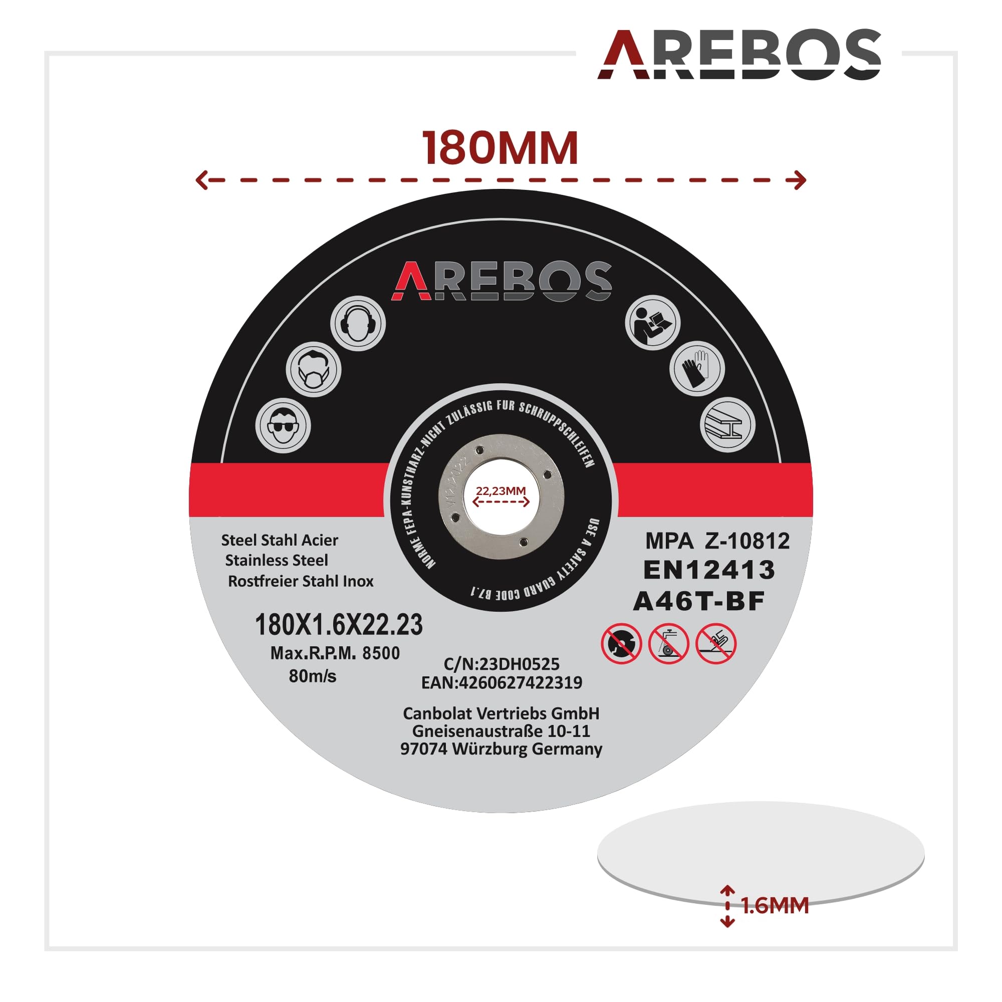 Arebos Discos de corte 50 piezas | Ø 180 mm x 1,8 mm x 22,2 mm | apto para acero, acero inoxidable, inox, hierro, chapa, metal | avance y retroceso | EN 12413 | certificado por (MPA)