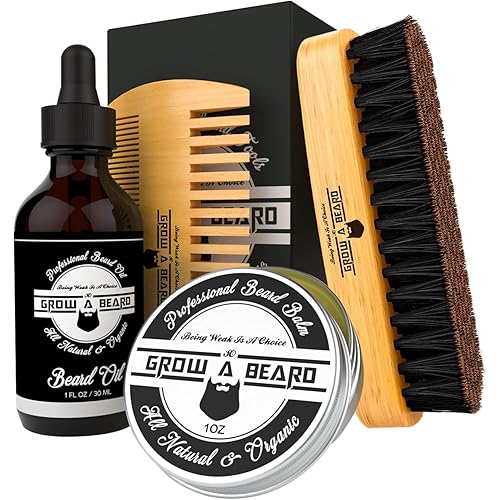 Beard Brush, Beard Comb, Beard Oil, & Beard Balm Grooming Kit for Men's Care, Travel Facial Hair Set for Growth, Styling, Shine & Softness, Great Gifts for Him