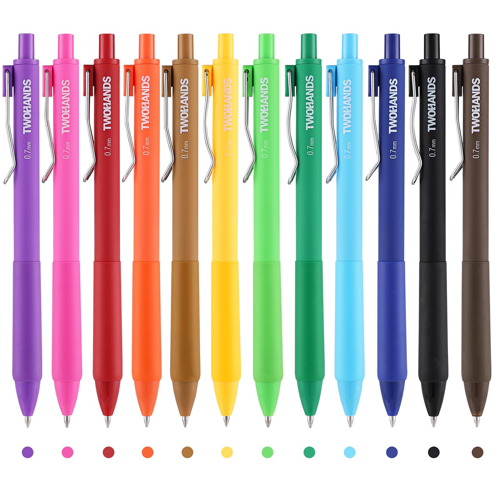 TWOHANDS Gel Pens 0.7mm Medium Point, 12 Colorful Pens with Silicone Grip, Smooth Writing Retractable Pen for Writing, Drawing, Journaling, Gifts for Women, 23506