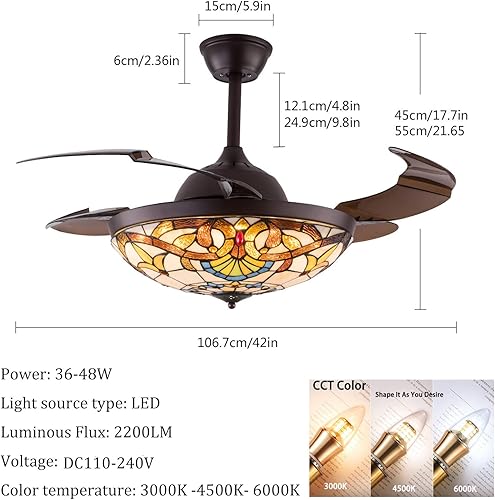 Miniatura 4 de Ventiladores de techo LED Tiffany de 42 pulgadas con control remoto de luz, 4 cuchillas retráctiles, motor silencioso, 6 velocidades y 3 cambios de