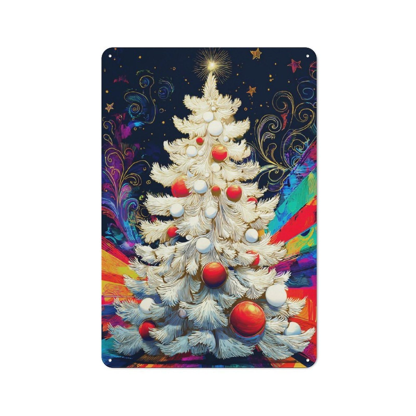 Junmoney Colorful Christmas Tree Illustration Retro Metal Sign With Design 30X20cm, Distressed Look Retro Room Decor For Living Room, Hallway, Kitchen Or Cafe