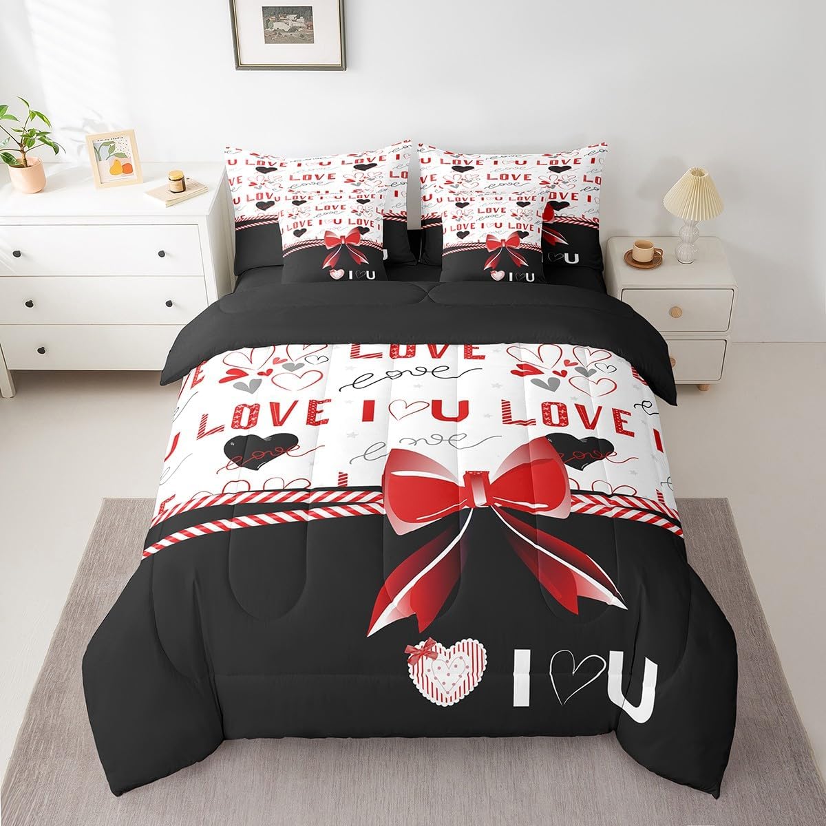 Feelyou Silver Bowknot 7 Piece Bedding Set Queen Size Glitter Print Comforter Set with Sheets for Kids Girls Adult Cute Bowknot Bed in a Bag Black Silver Bed Set