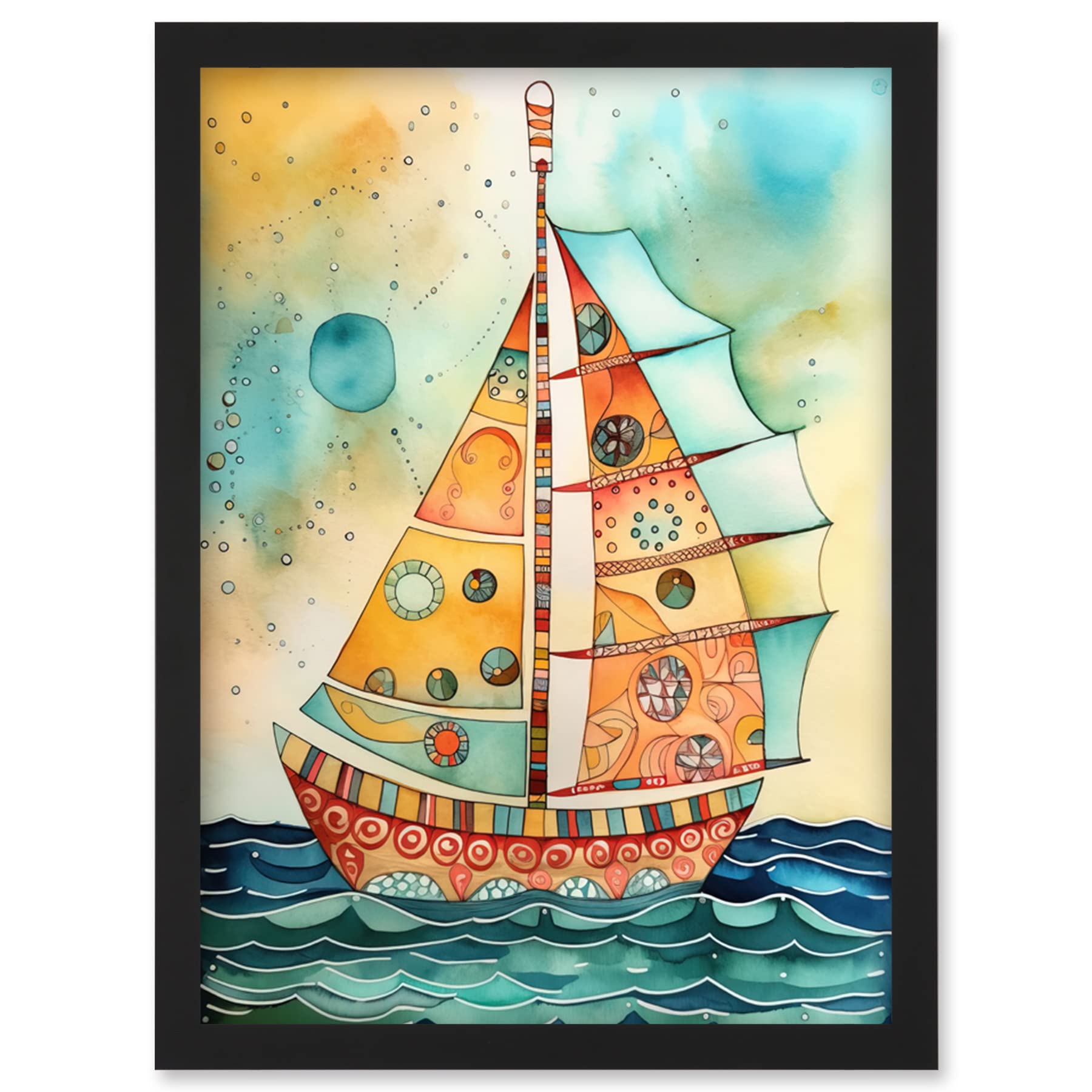 Artery8 Sailboat Concept With Dorsal Fin Sail Folk Art Artwork Framed Wall Art Print A4