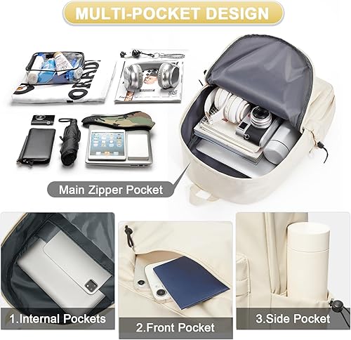 Miniatura 5 de Mochila ligera, mochila universitaria impermeable para lindas mochilas estéticas, mochila casual para hombres y mujeres (beige)
