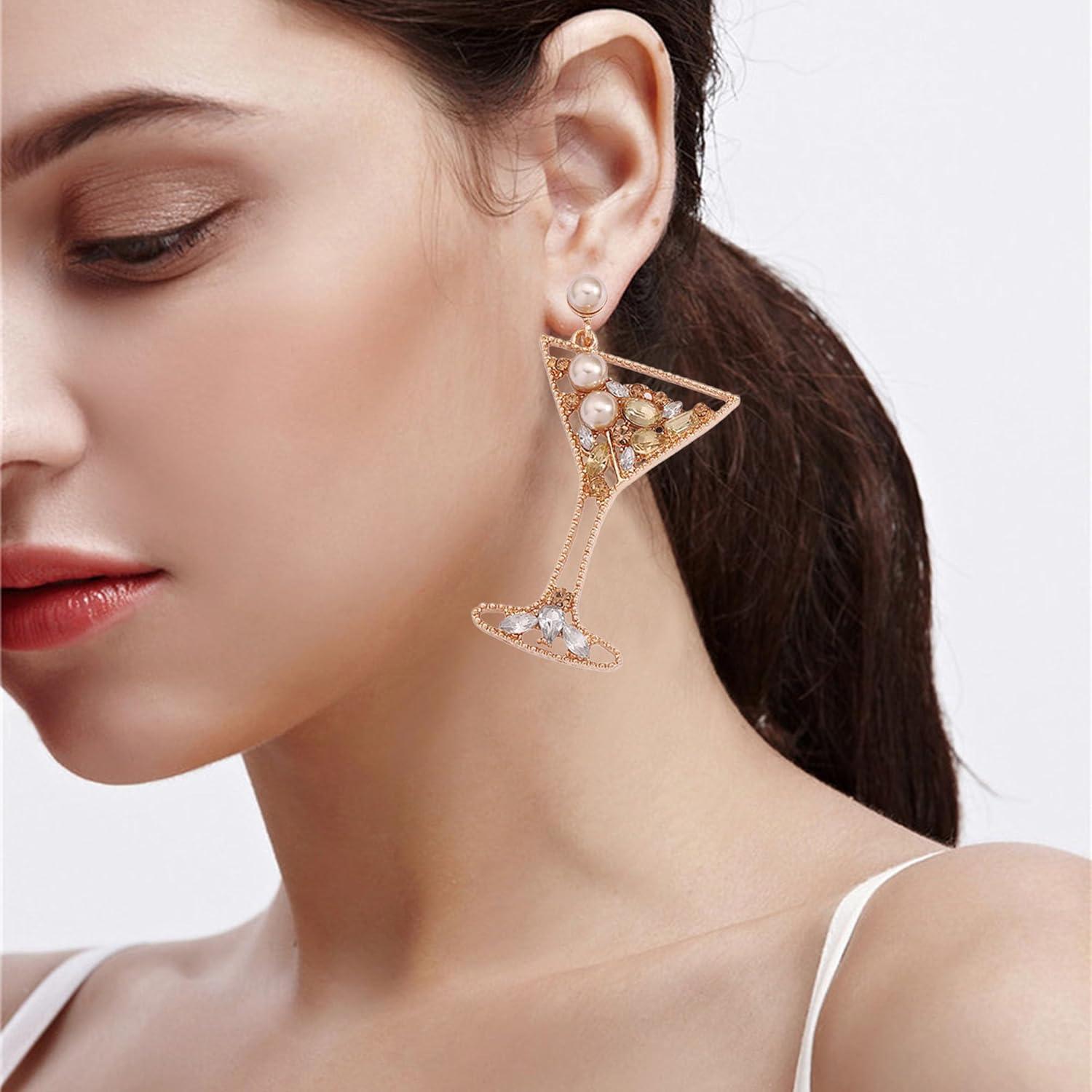 Handmade Champagne Martini Wine Glass Dangle Earrings Shiny Rhinestones Crystal Pearl Beaded Drop Charming Cocktail Glass Lovely Earrings for Women Jewelry - Image 3