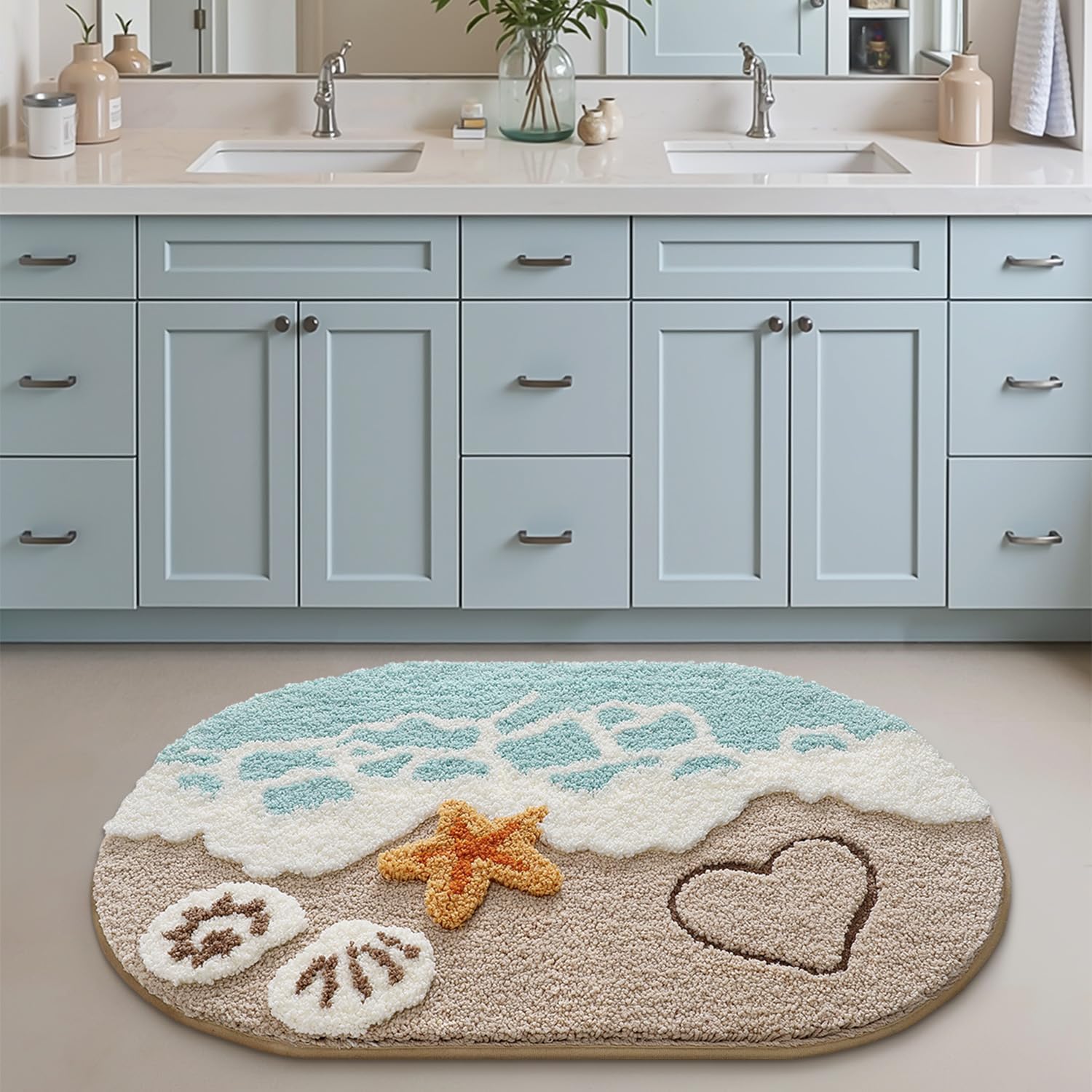 LUMI Soft and Absorbent Beach Bathroom Rug, Non-Slip Backing, Ideal for Bathroom, Kitchen and Entryway Decor, Sea Beach Starfish Shell Bath Decor, Azure Bay, 22"x34" - Image 4