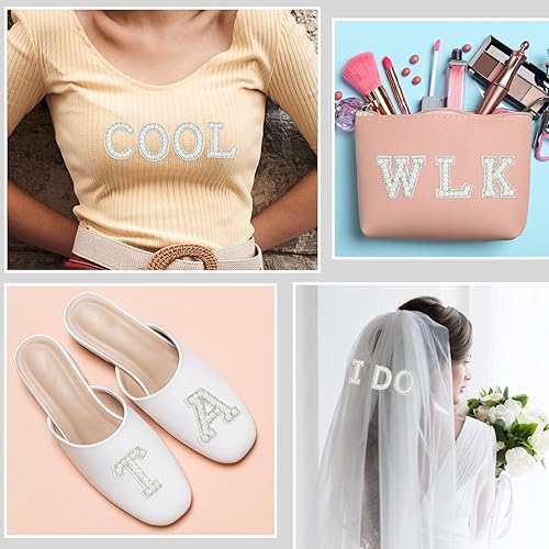 Miniatura 6 de Morcheiong 52 parches de letras con diamantes de imitación de perlas autoadhesivos A-Z, parches de letras de perlas para ropa, tela, mochila (blanco)