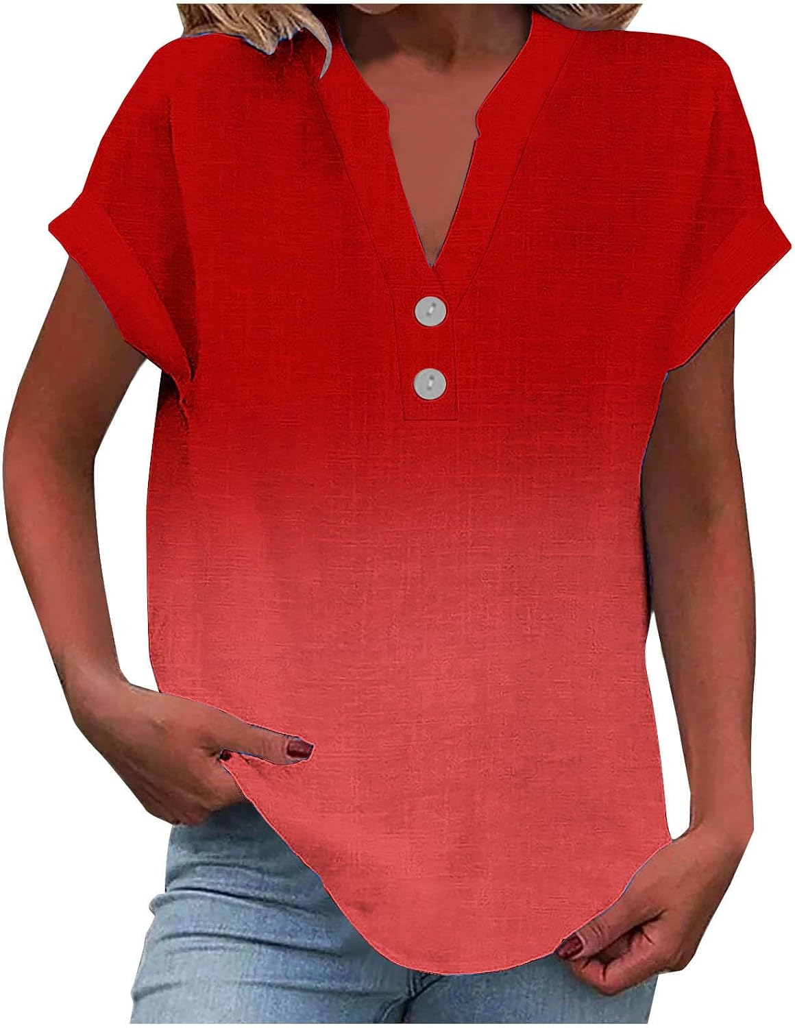 Cotton Linen Shirts for Women Gradient Tops Loose Fit Crewneck Button V Neck Daily Tshirts Summer Shirts Cute Blouse