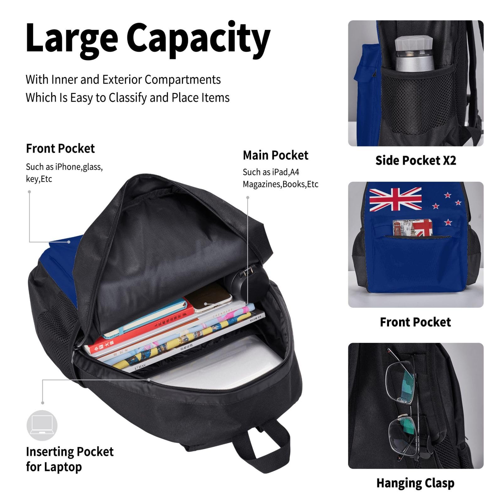 Set di matite con zaino per la scuola con bandiera della Nuova Zelanda | Durevole Laptop Bookbag Combo Per Studenti Universitari Adulti Viaggio Daypack Isolato Box Matita Caso