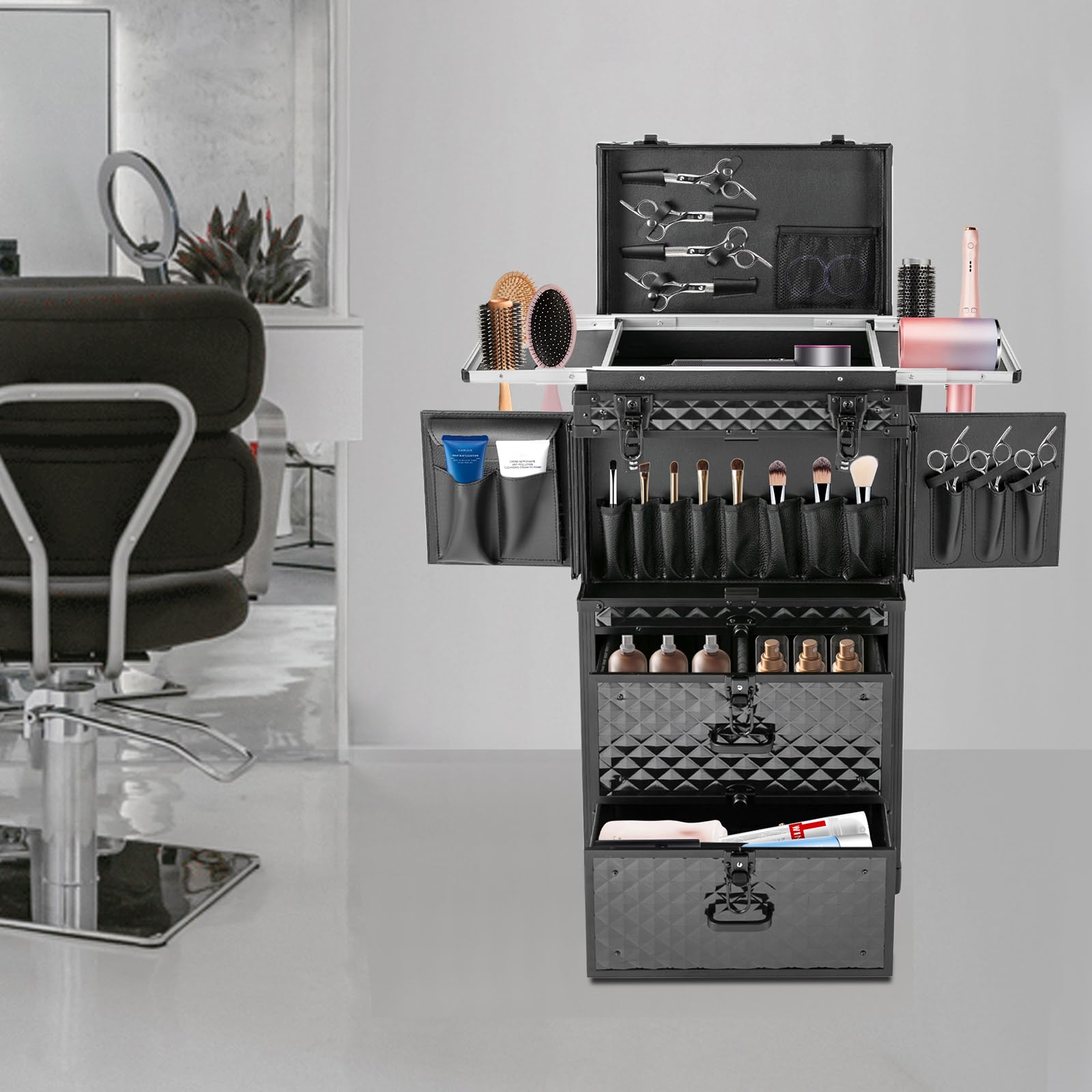 Mallette de maquillage professionnelle avec 4 roulettes - Valise à roulettes - En aluminium - Pour voyage, coiffure, maquilleur - Noir, Noir , Moderne
