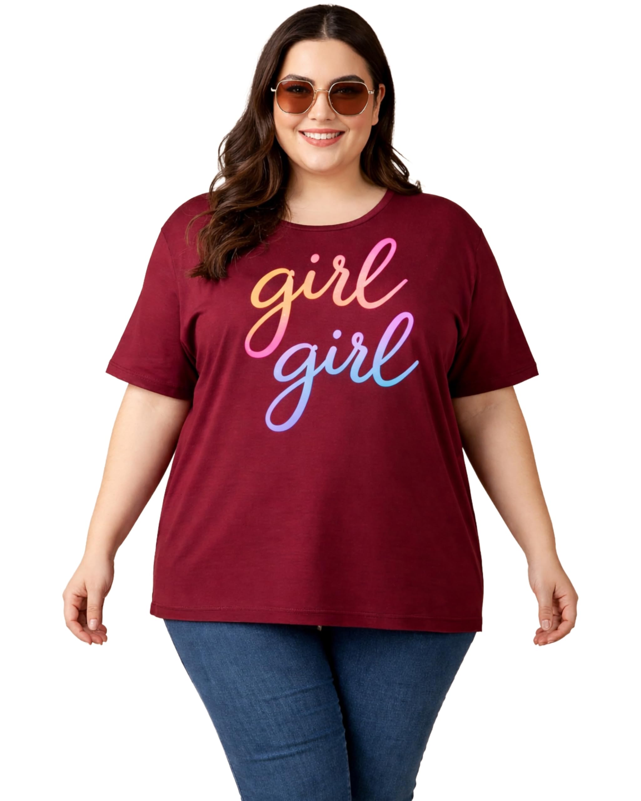Women's Plus Size Graphic T-Shirt with Rainbow 'Girl Girl' Script Print, Short Sleeve-picture-25