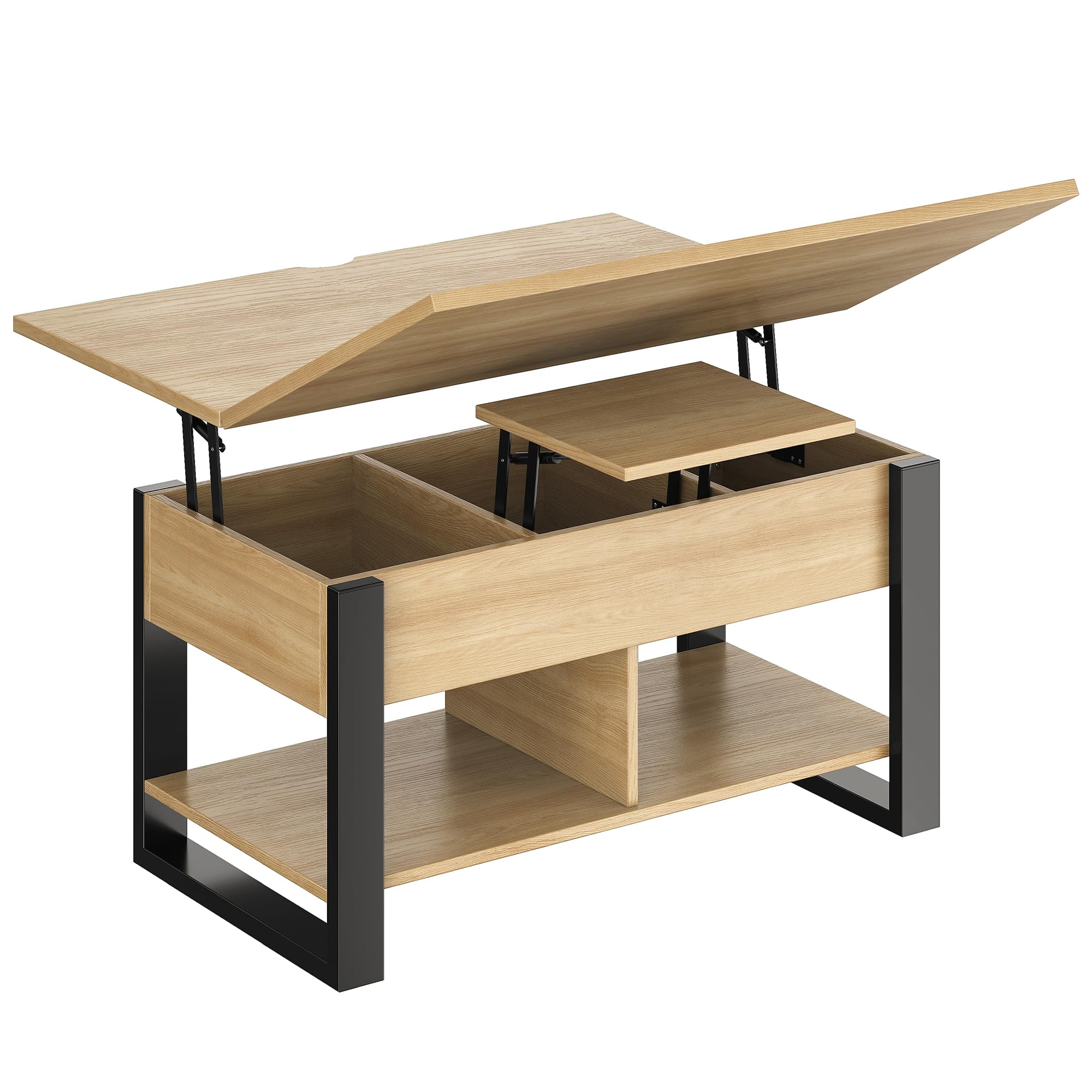 Couchtisch Höhenverstellbar und Ausziehbar, 4-in-1 Wohnzimmertisch Höhenverstellbar Holz, Rechteckiger Couchtisch Aufklappbar mit Stauraum, Wandelbar zum Esstisch, Eiche Natur