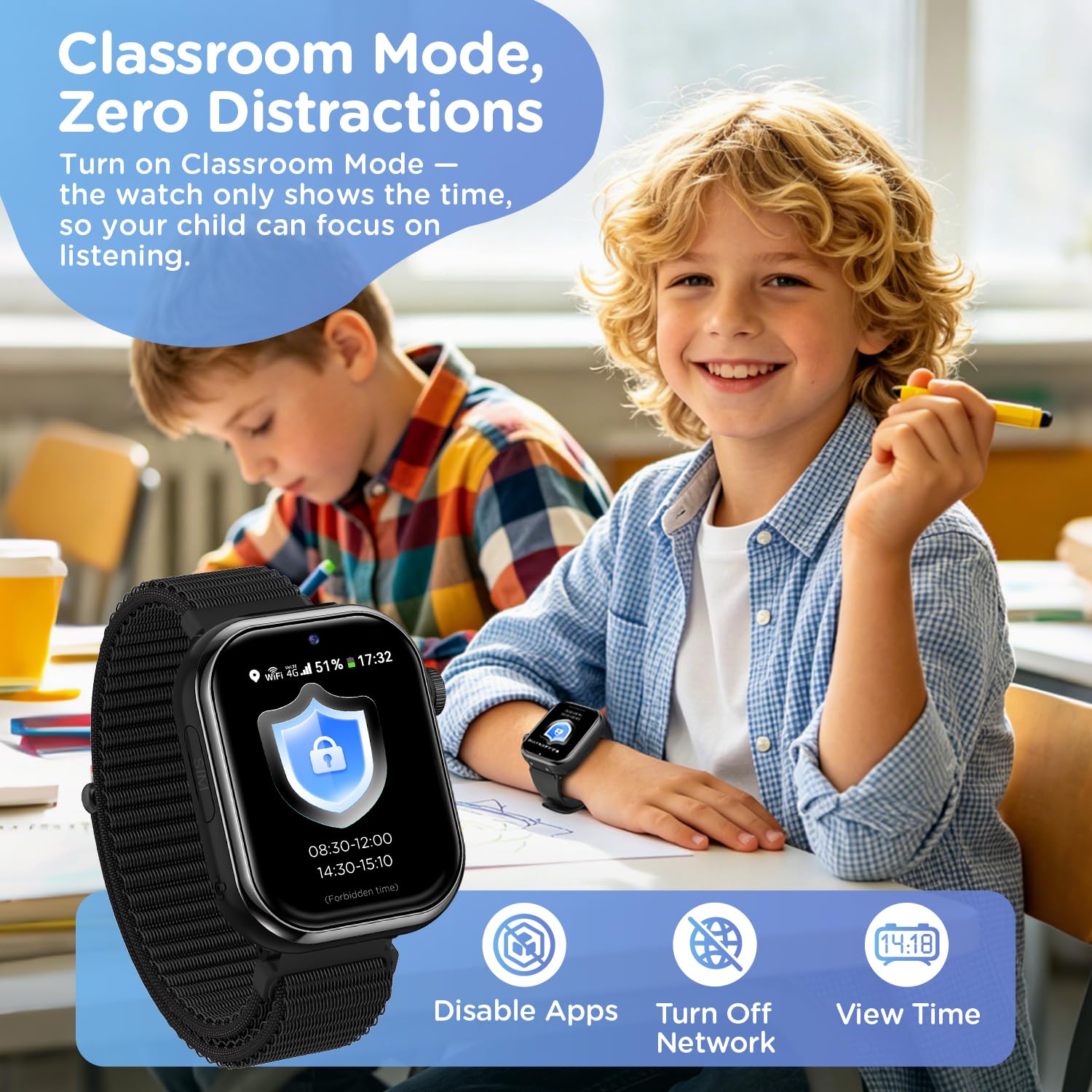 4G Montre Connectée Enfant, Montre Telephone Enfant avec GPS, Appel Vidéo, Chat Vocal, SOS, Mode Classe, Double Caméra, Lampe Torche, IP68, Podomètre, Réveil, Cadeau pour Filles Garçons, Noir