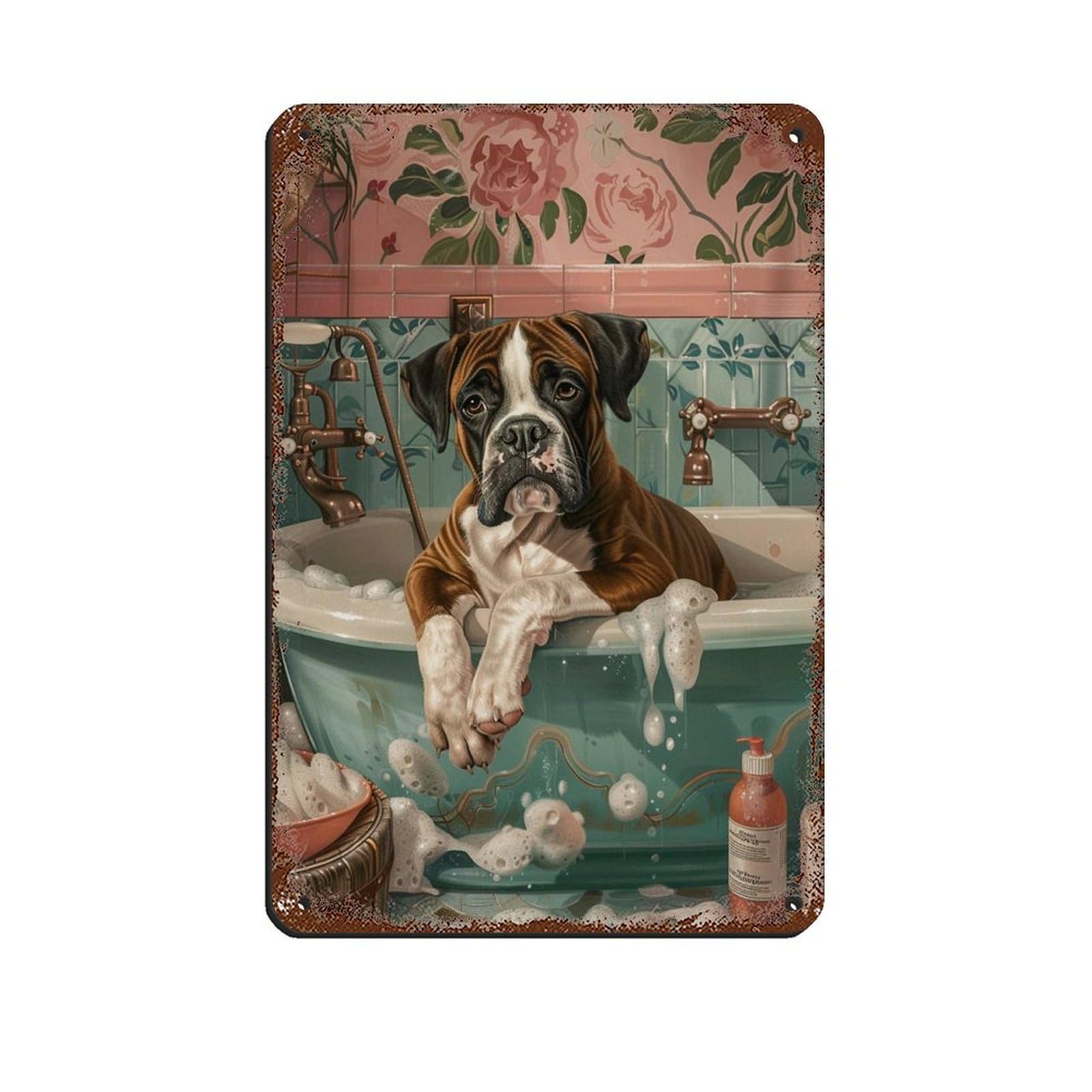Boxer Dog in Bath Fun Bathroom Art Tin Sign Vintage Metal Pub Club Cafe Bar Home Wall Art Decoration Poster Retro 8x12inch(20x30cm)