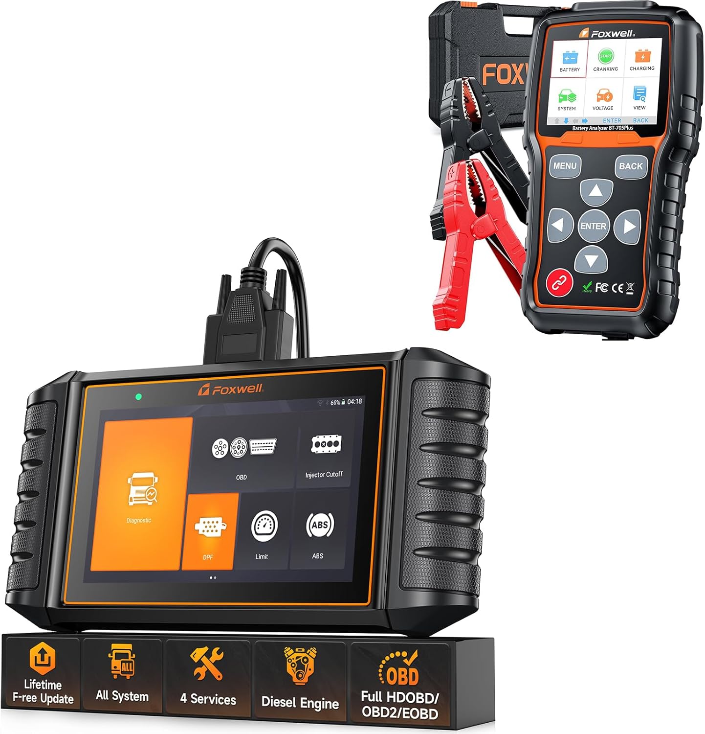 FOXWELL HD500 Heavy Duty Truck Scanner with DPF Regen/Injector Cutoff/Limit Setting + FOXWELL BT705 Plus Car Battery Tester 12V 24V Automotive, 100-2000CCA Battery Load Tester